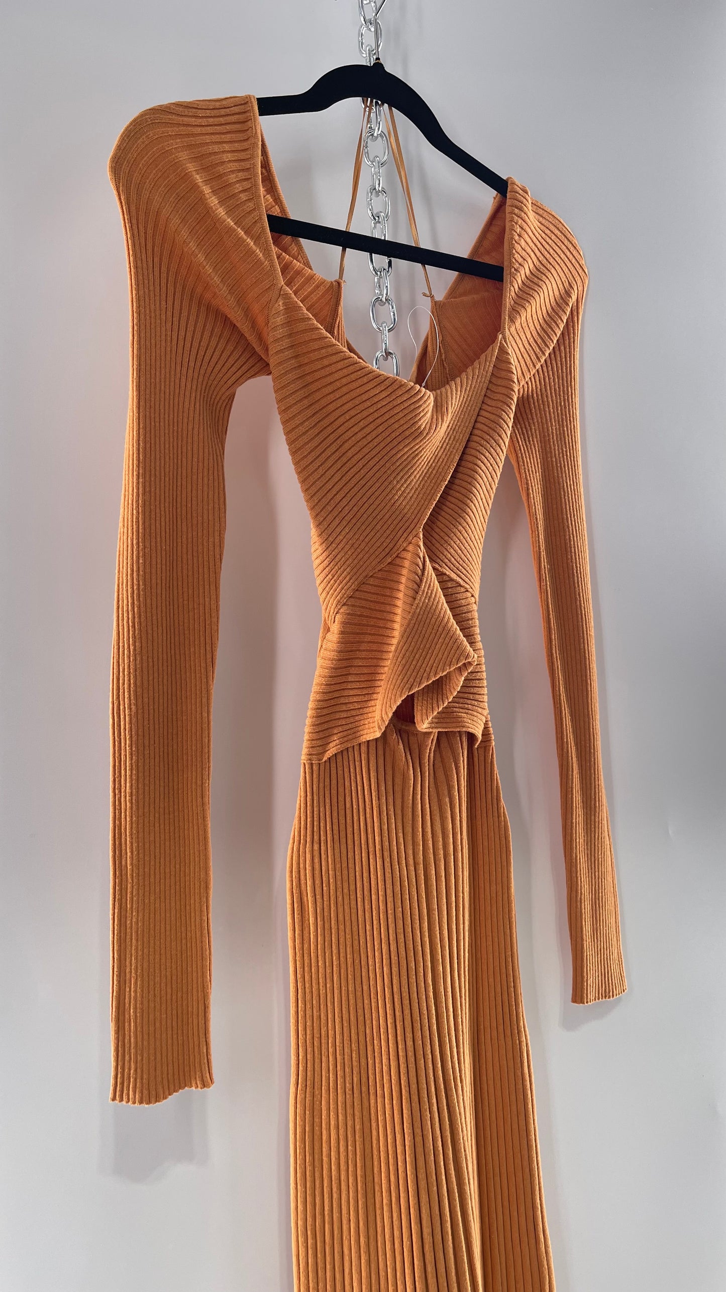 Free People Orange Ribbed Knit Maxi Dress with Cross Over Exposed Midriff Dress (Medium)