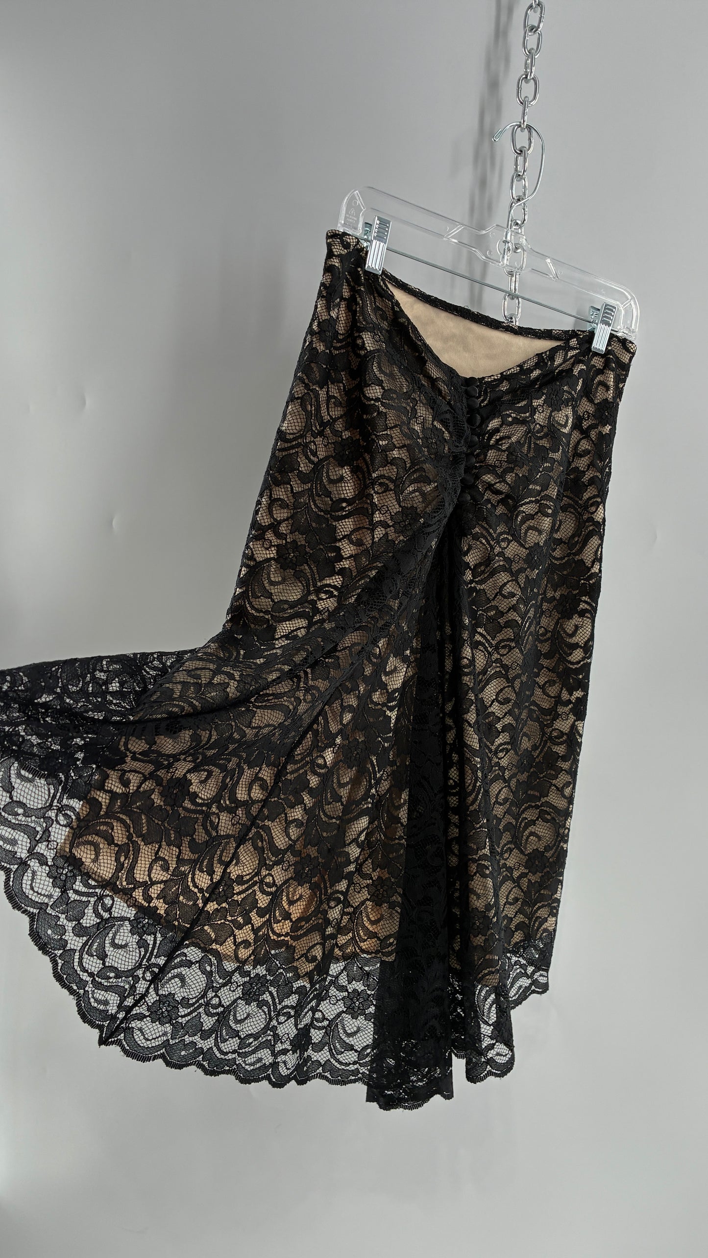 Vintage HEART MOON STARS Black Lace Overlay + Nude Underlay Skirt with Low Wired Back, Ruched Bum, and Button Down Back(8)