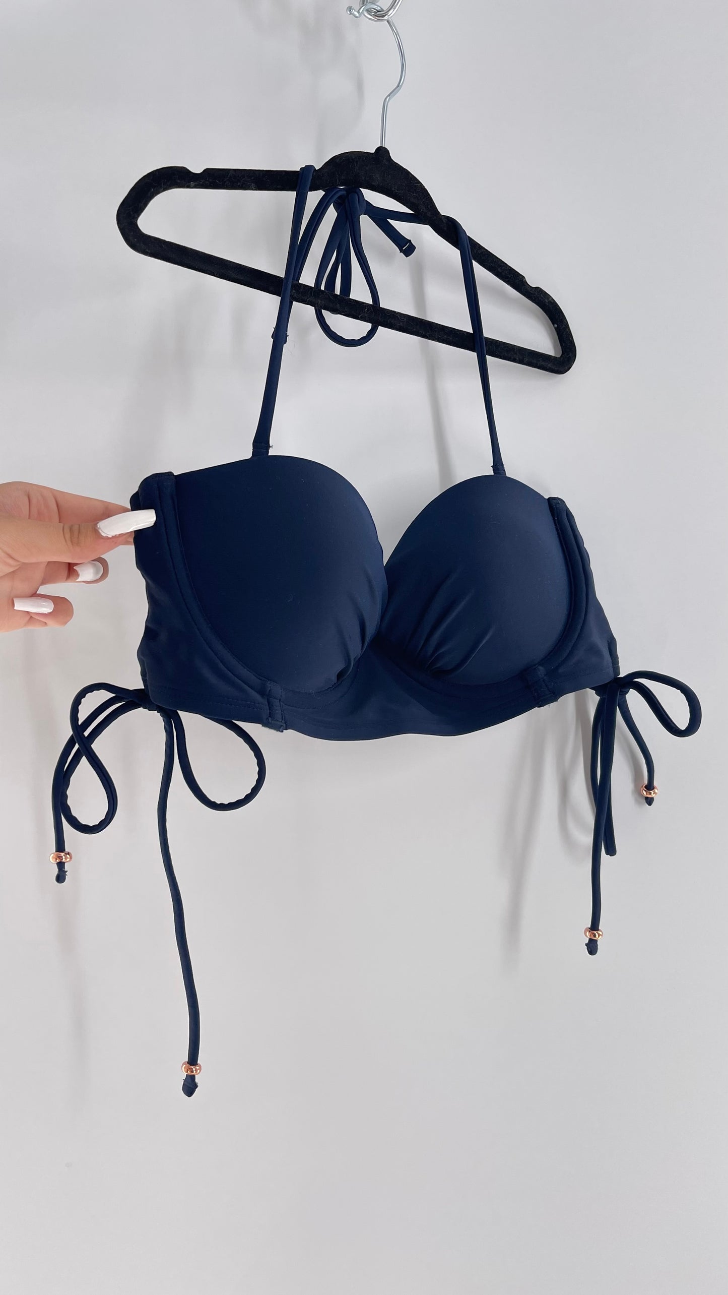AERIE Navy Blue Underwire Swim Top with Lace Up Sides with Rose Gold Beads (S)