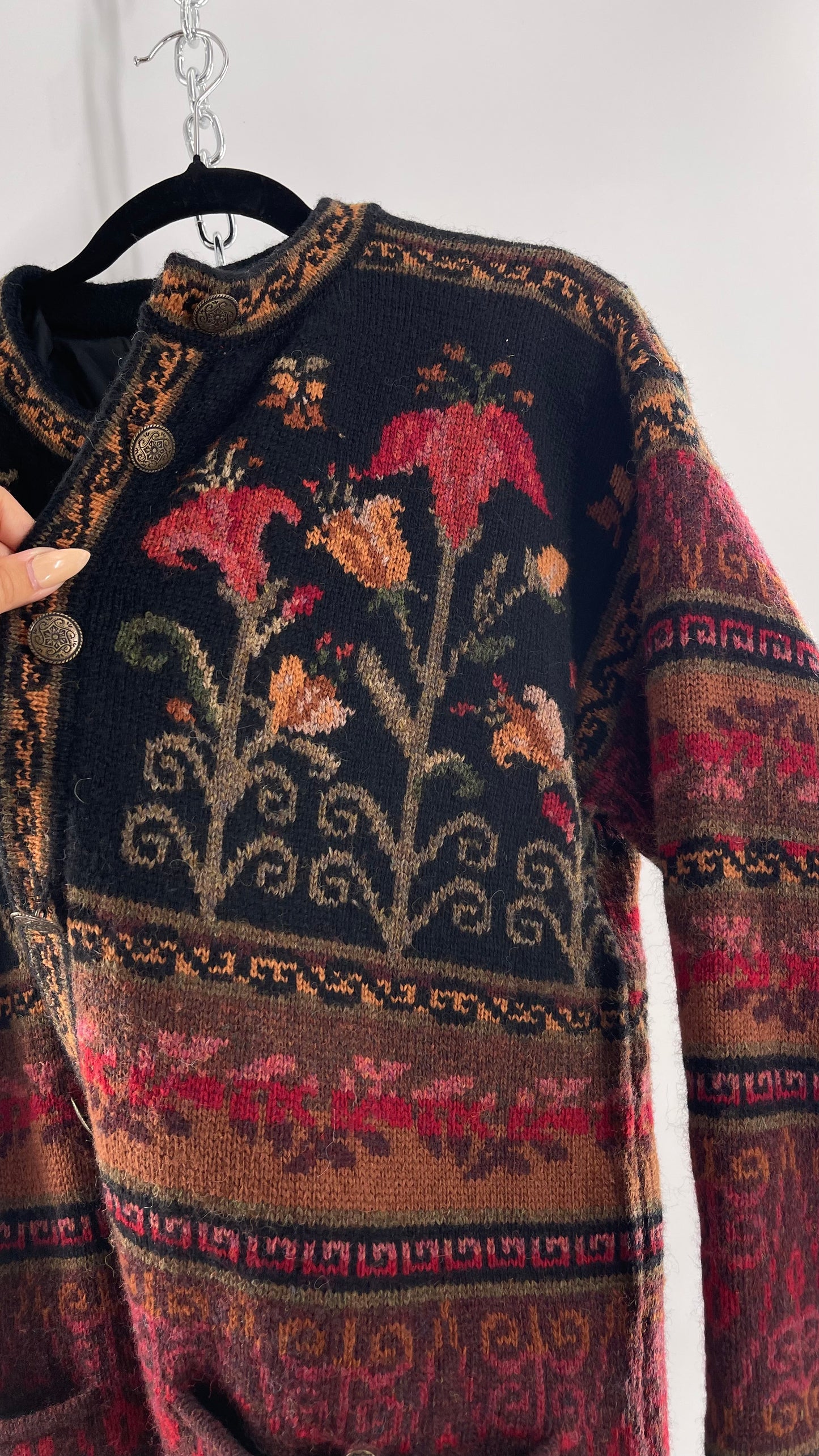 Vintage Iceland Design Wool Jacket with Brass Embossed Buttons and Folk Floral Patterning(C)(Medium)