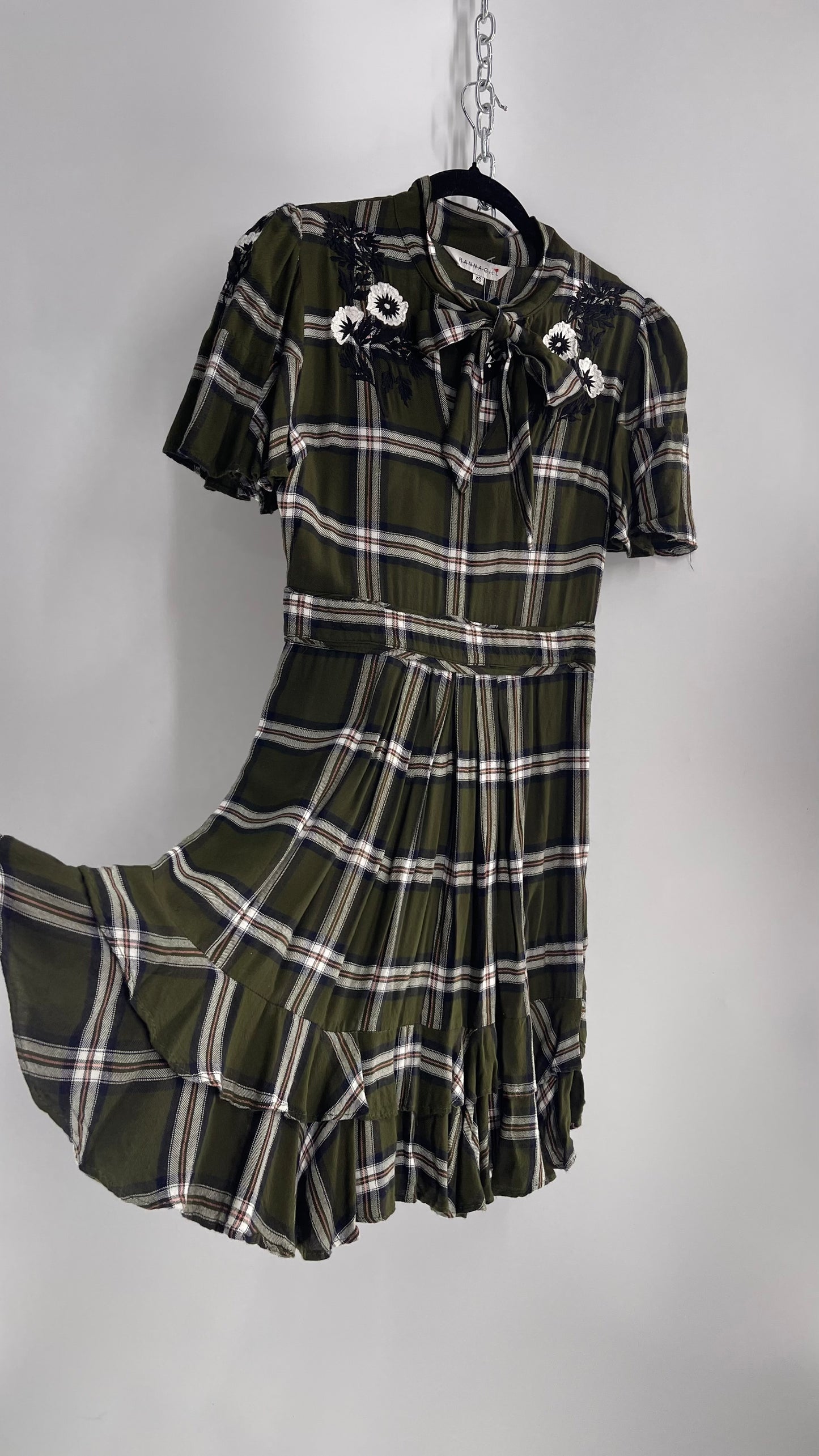 Ranna Gill Anthropologie Army Green Plaid Dress with Floral Embroidery and Bow Tie Detail (XS)