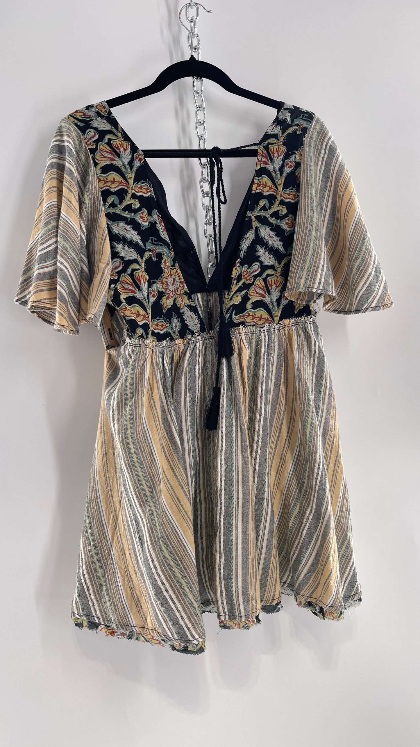 Free People Dual Fabric Floral/Woven Boho Babydoll Mini Dress (XS)