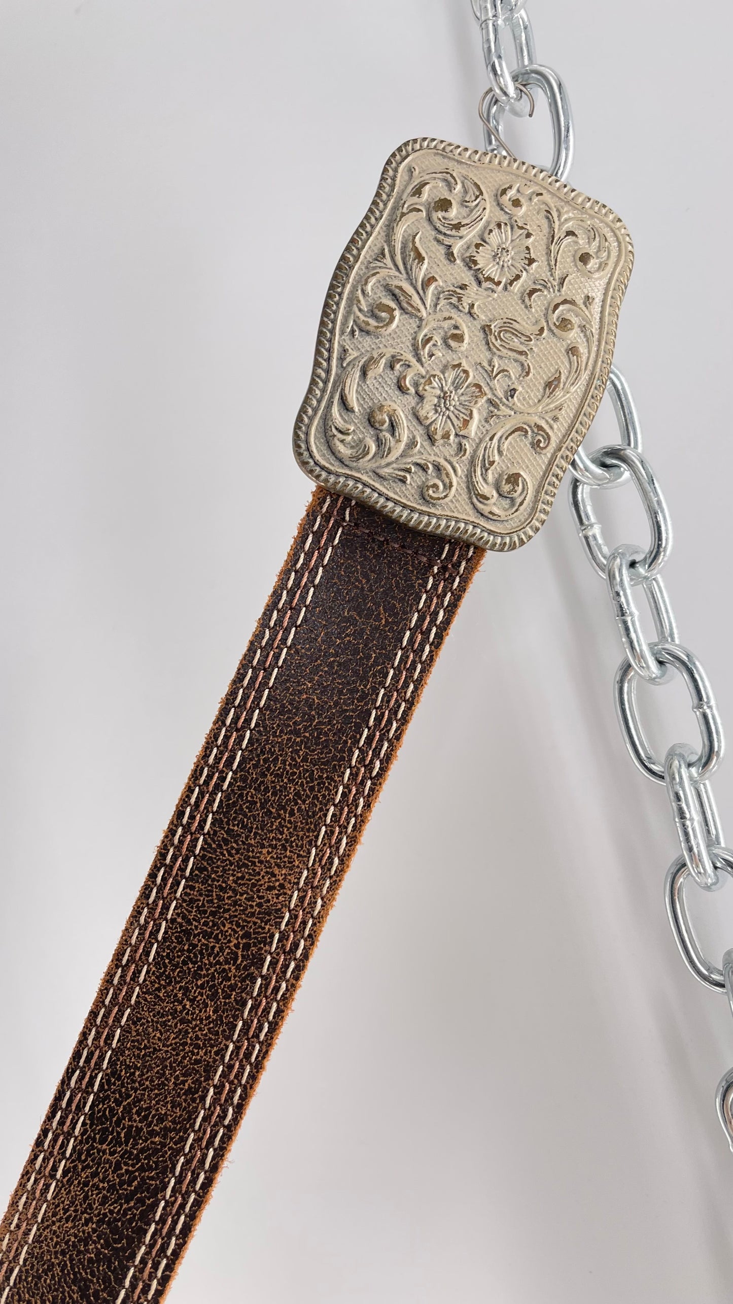 Vintage Belt Shak Brown Leather Belt with Stitching and Embossed Silver Metal Buckle (M)