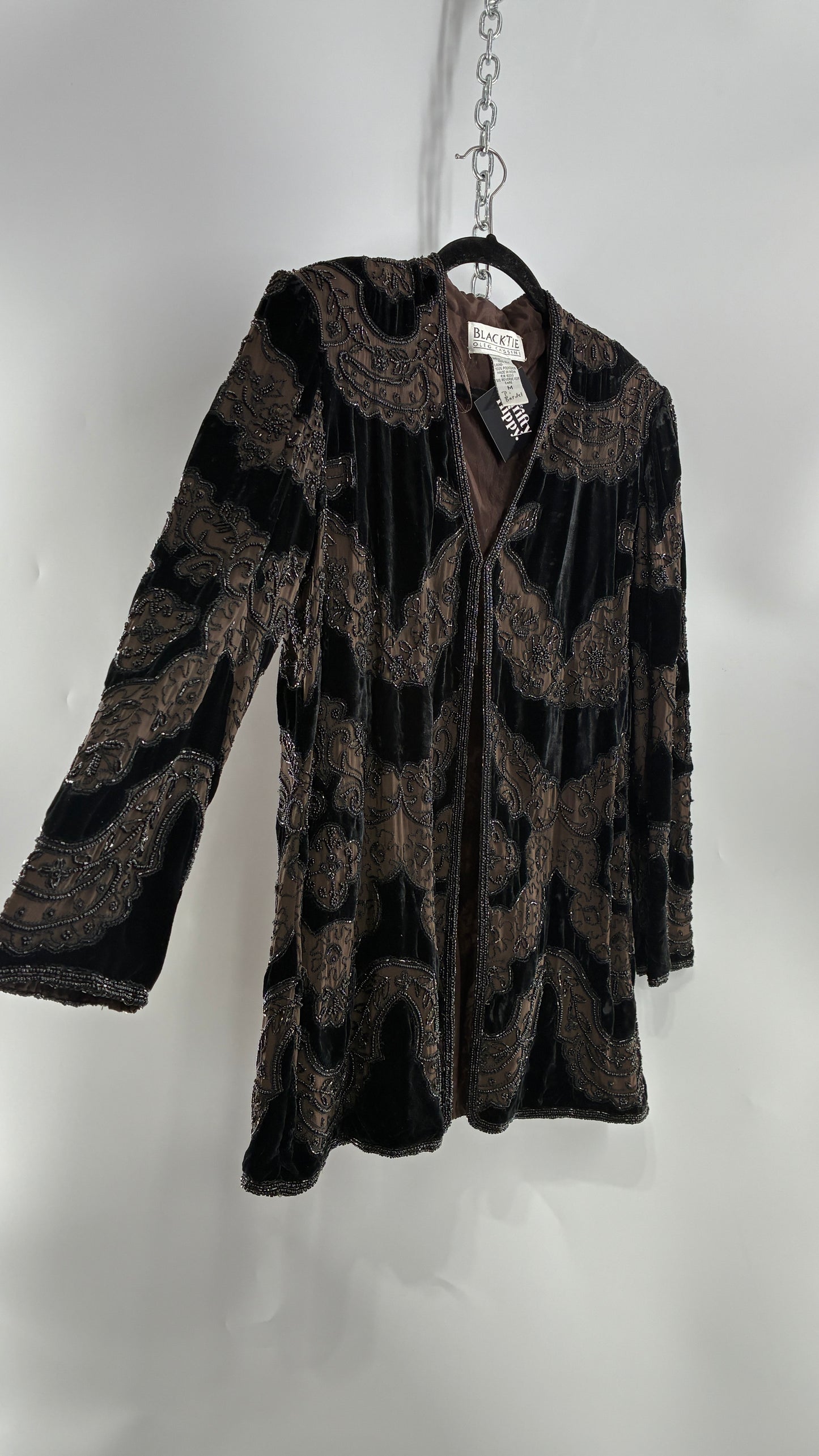 Vintage OLEG CASINI 100% Silk Velour Heavily Beaded Coat (Medium)