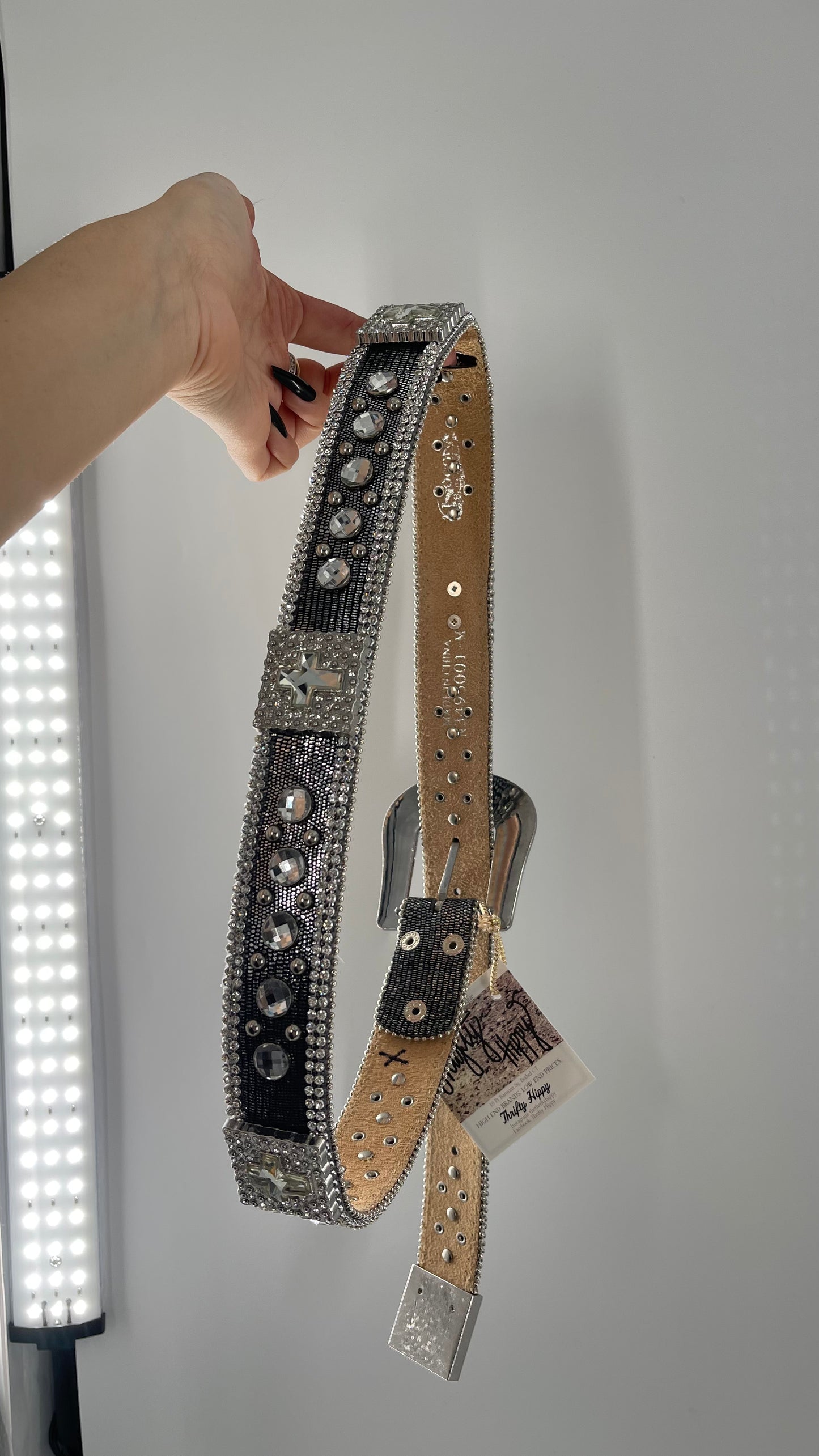 Free People Dark Silver Metallic Snake Print Belt covered in Crystal Embellishments and Heavy Metal Crosses (M)