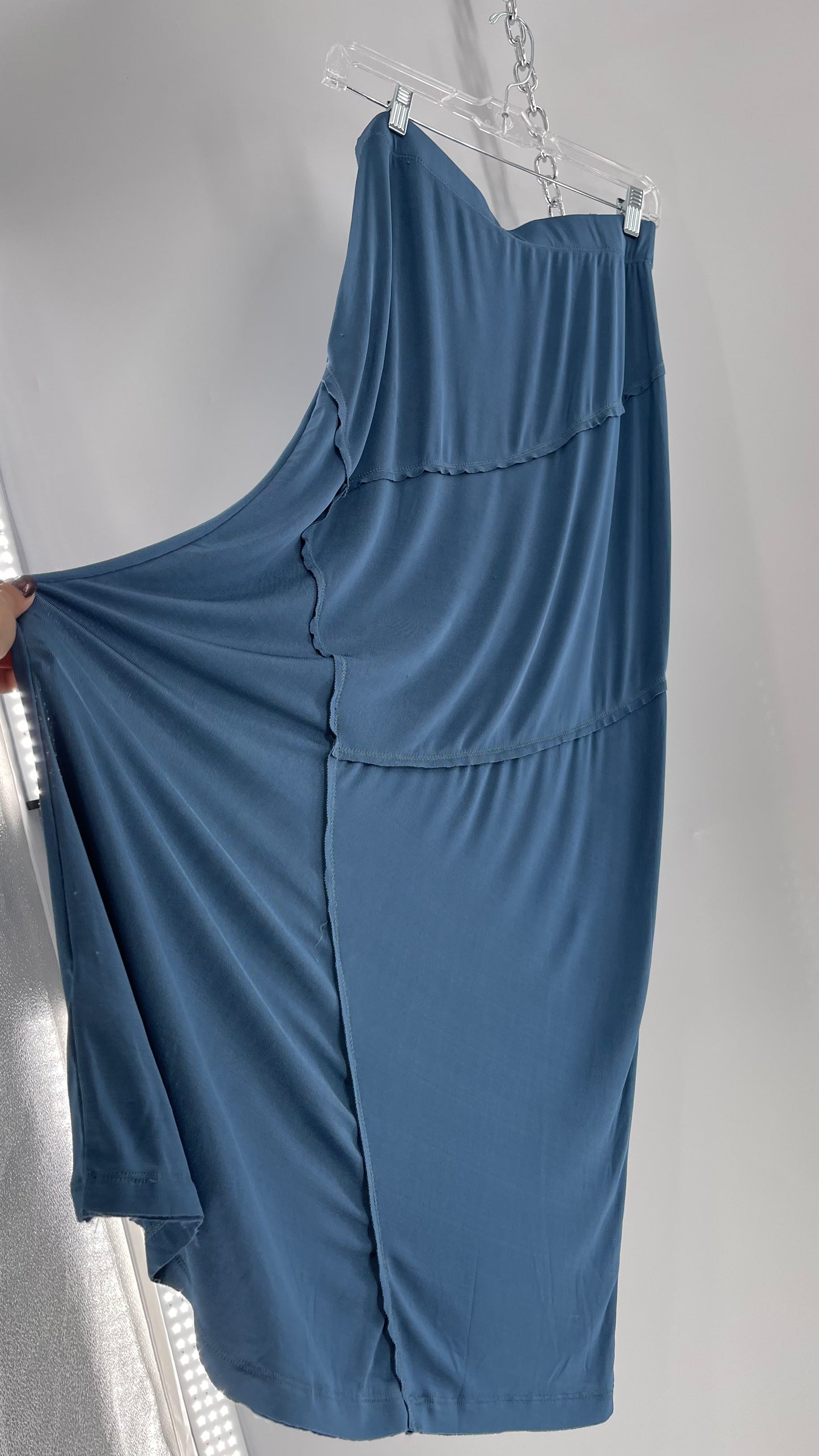 Free People Slinky Blue Long Skirt with Abstract Seam Stitching (Medium)