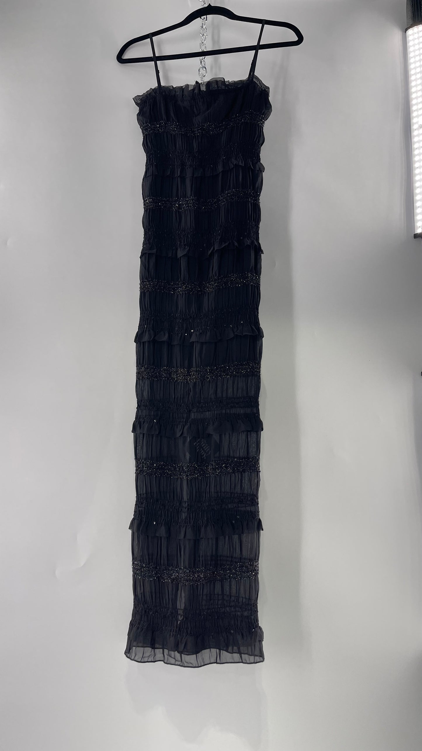 The Commense Black Sheer Crimped Midi Dress with Stripes of Tinsel and Ruffle with Tags Attached (Medium)