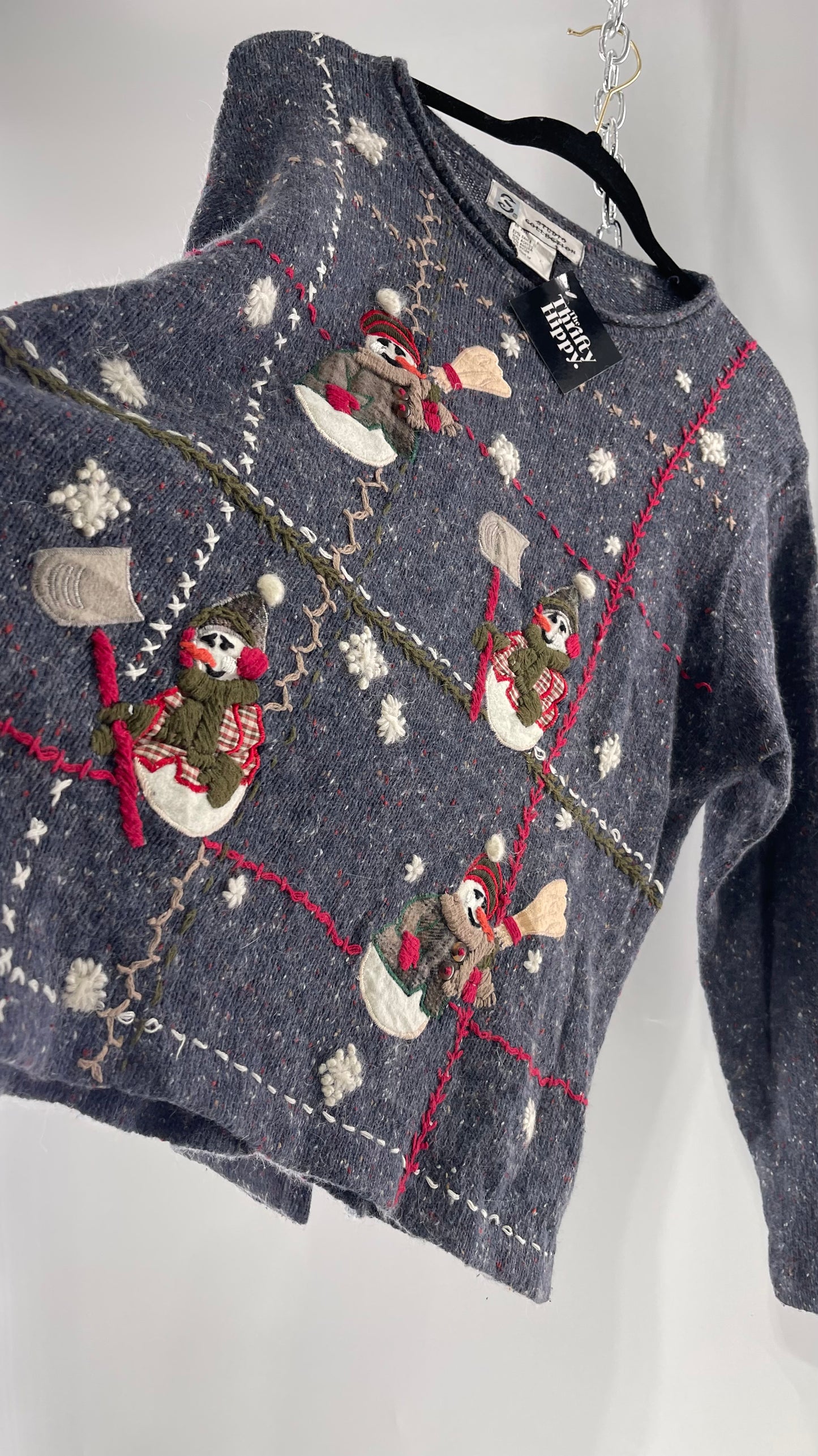 Vintage Urban Outfitters Christmas/Holiday Sweater with Festive Snowmen Snowflakes, and Contrast Stitch Detail (S)