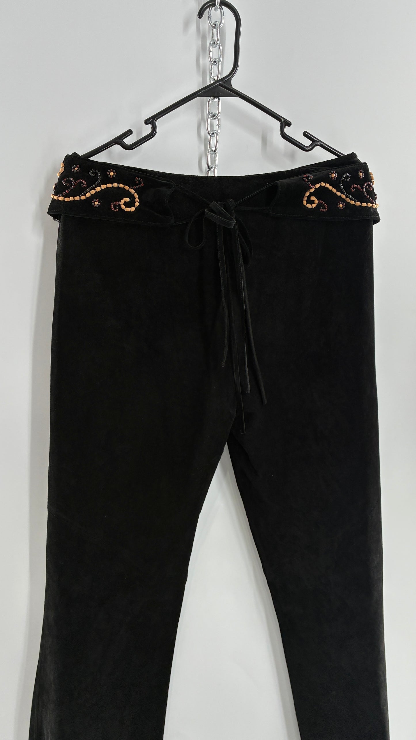 Vintage Margaret Godfrey Black Genuine Suede Leather Kick Flares with Wide Beaded Belt (10)