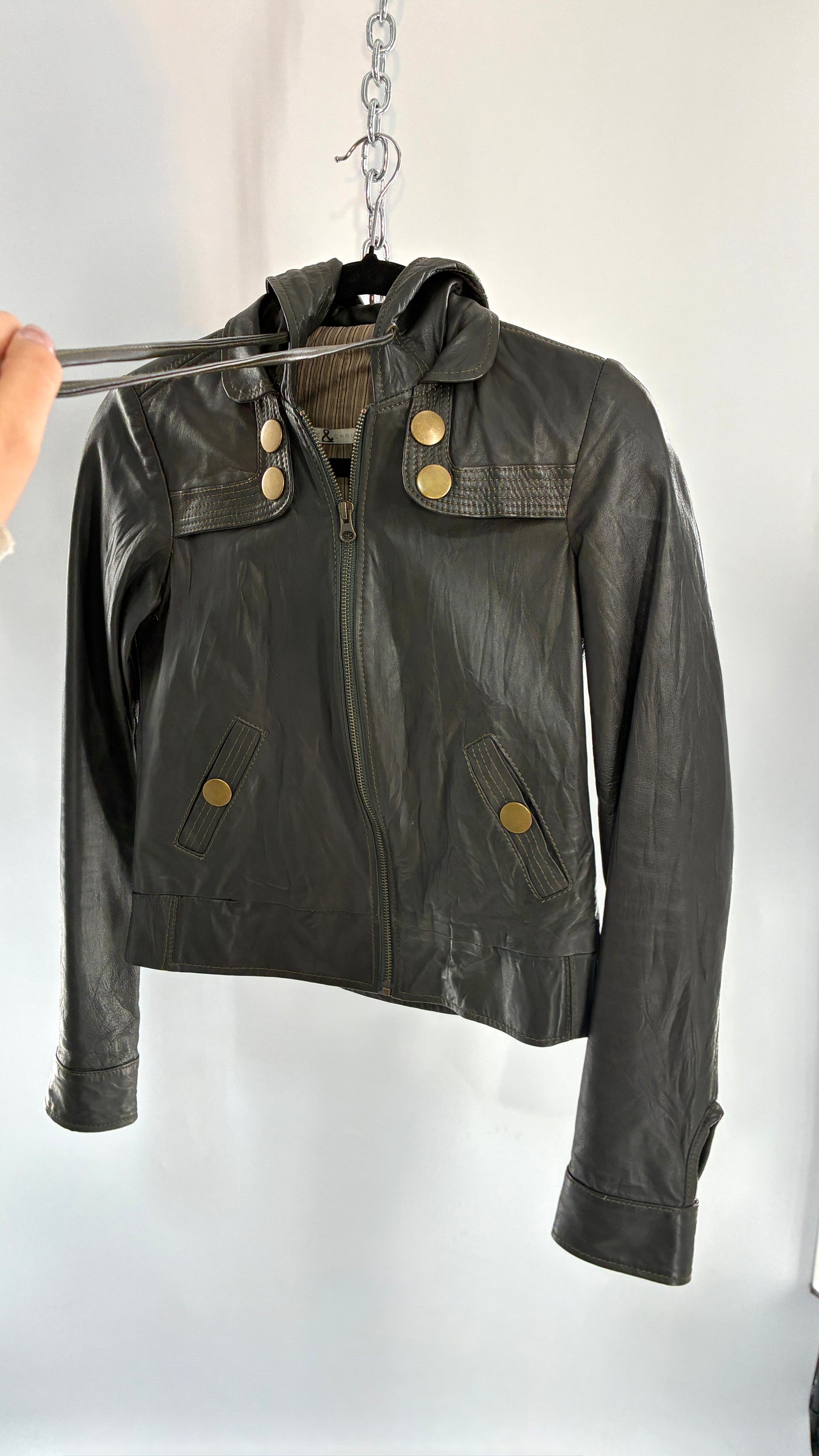 Vintage MIKE & CHRIS Grey Genuine Leather Hoodie Style Zip Front Jacket with Oversized Bronze Buttons and Contrast Stitching (XS)