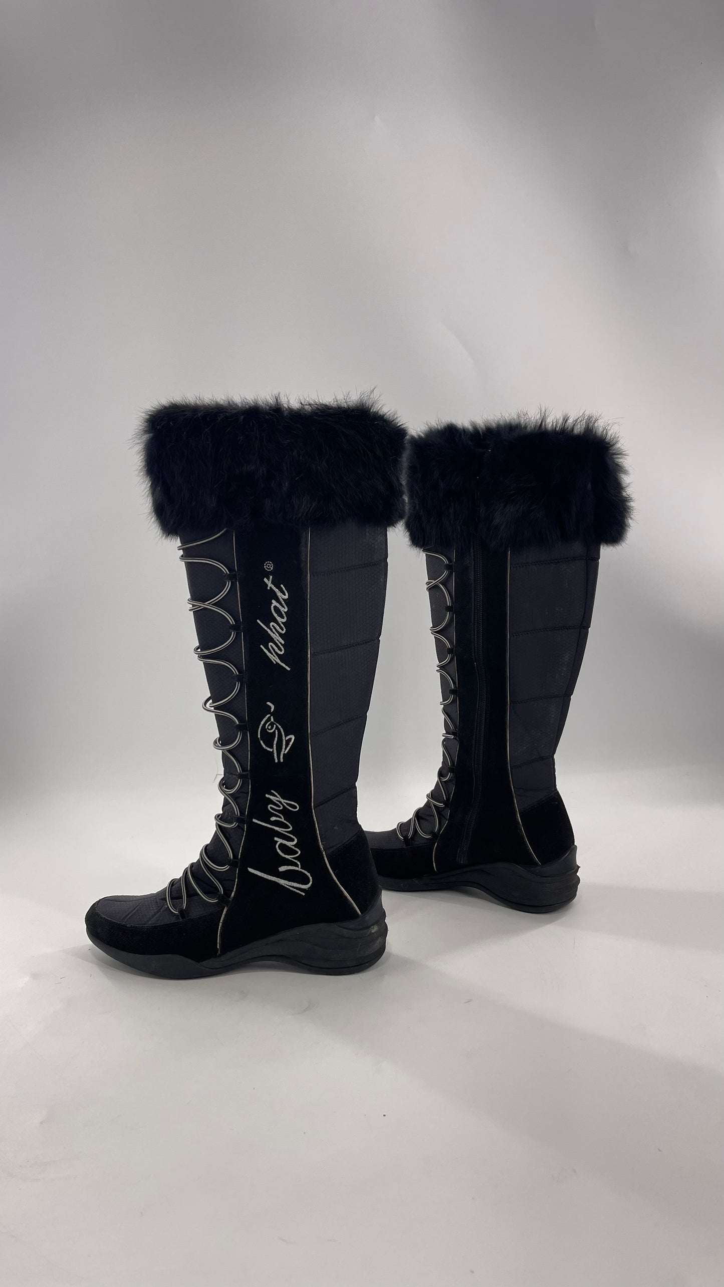 Baby Phat Black Knee High Boots with Rabbit Fur Trim, Bungee Cord Ties, and Embroidered Logo Design (8)