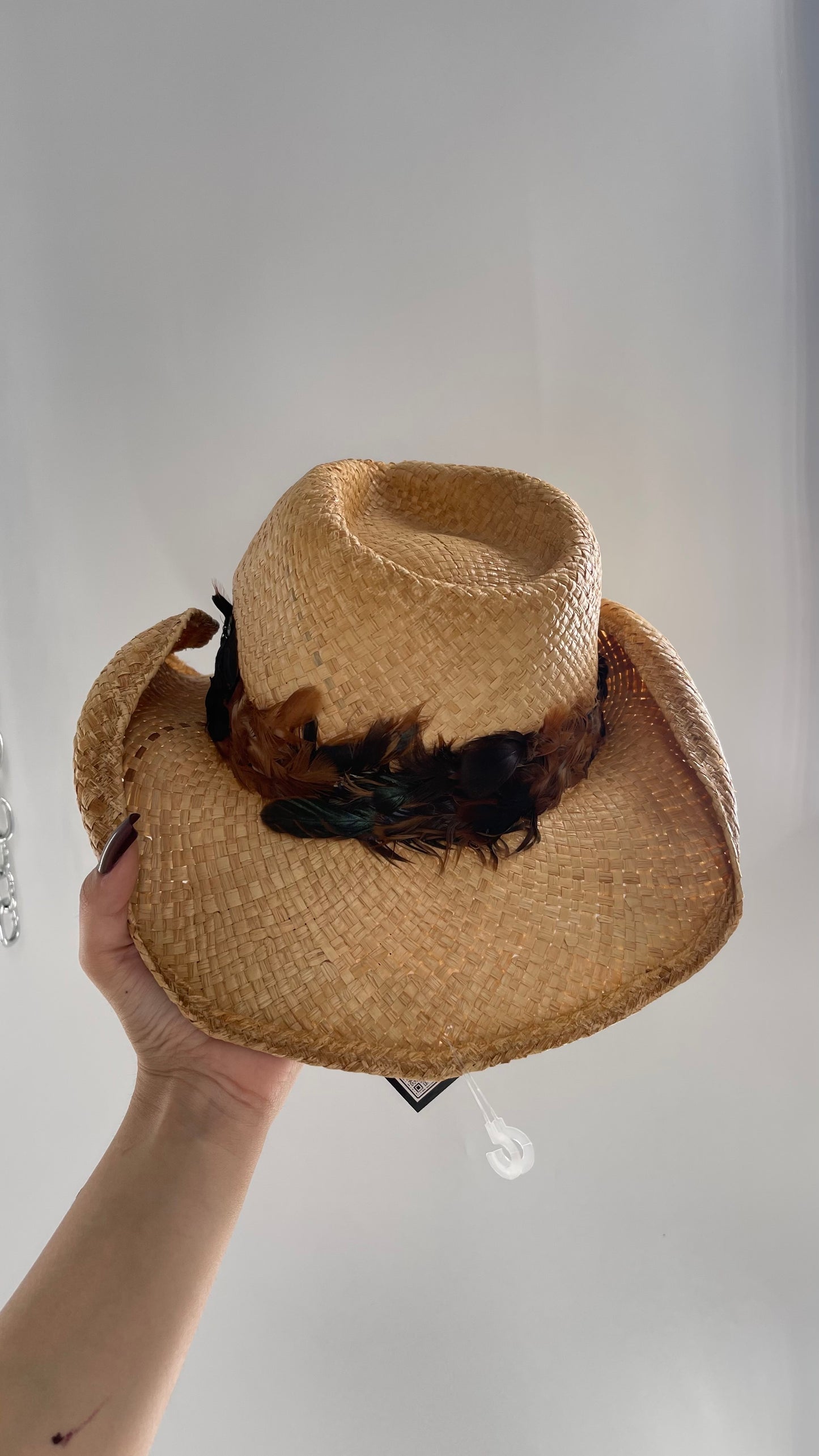 Vintage Straw Hat with Feather Band