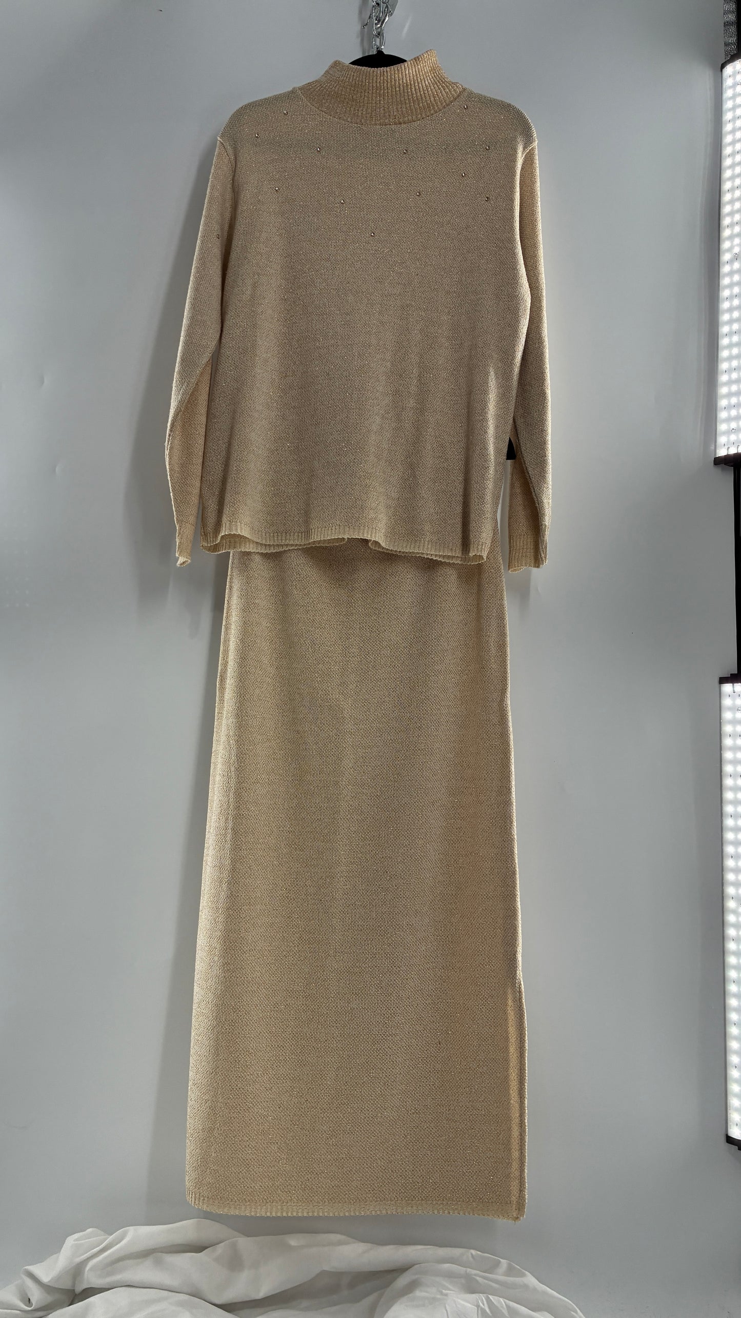 Terry Lewis Classic Luxeries Beige Knit Sweater and Skirt with Gold Tinsel Thread and Rhinestone Collar (Large)