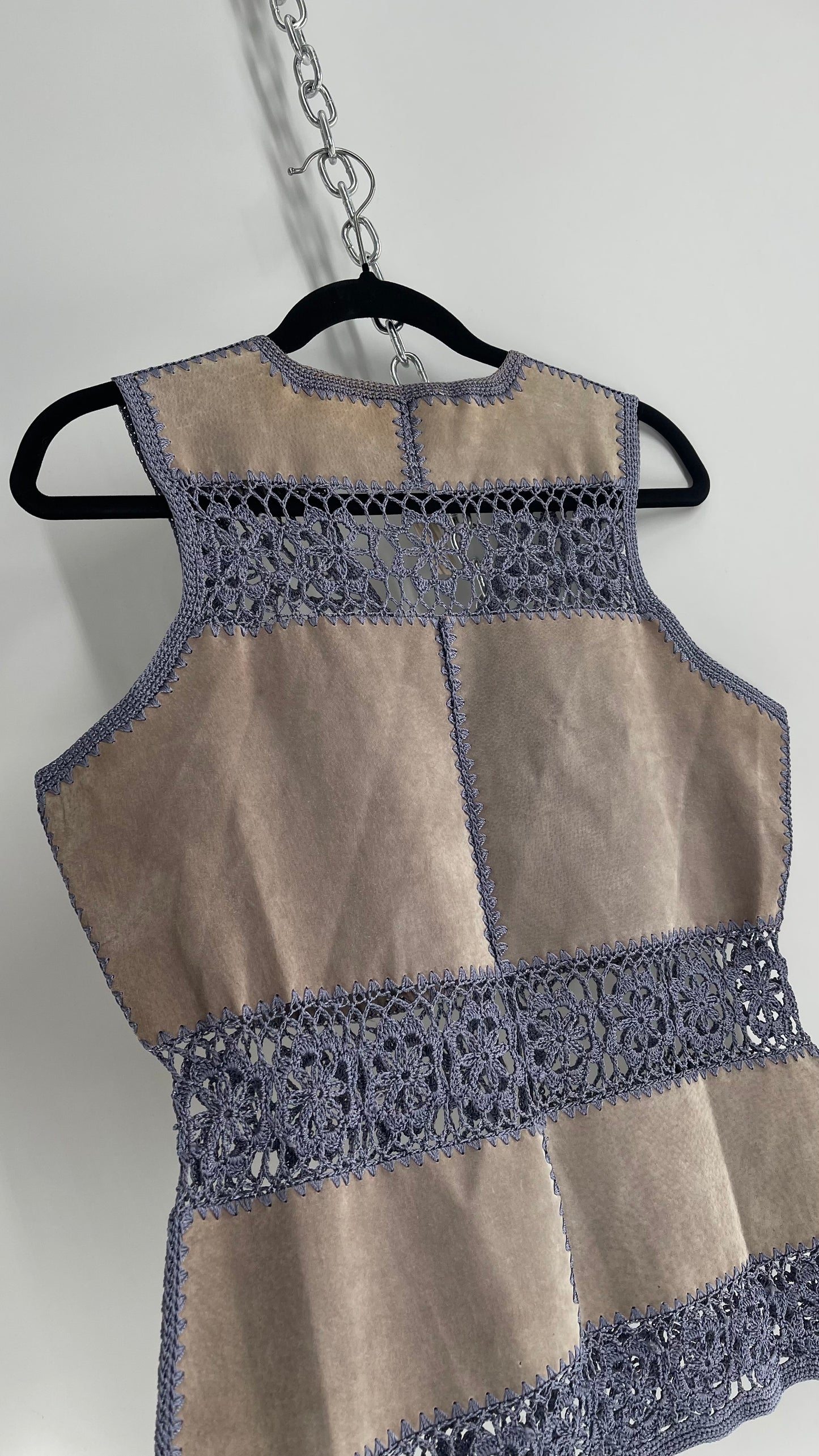 Vintage Grey Suede Leather and Blue Crochet Vest Top (Small)