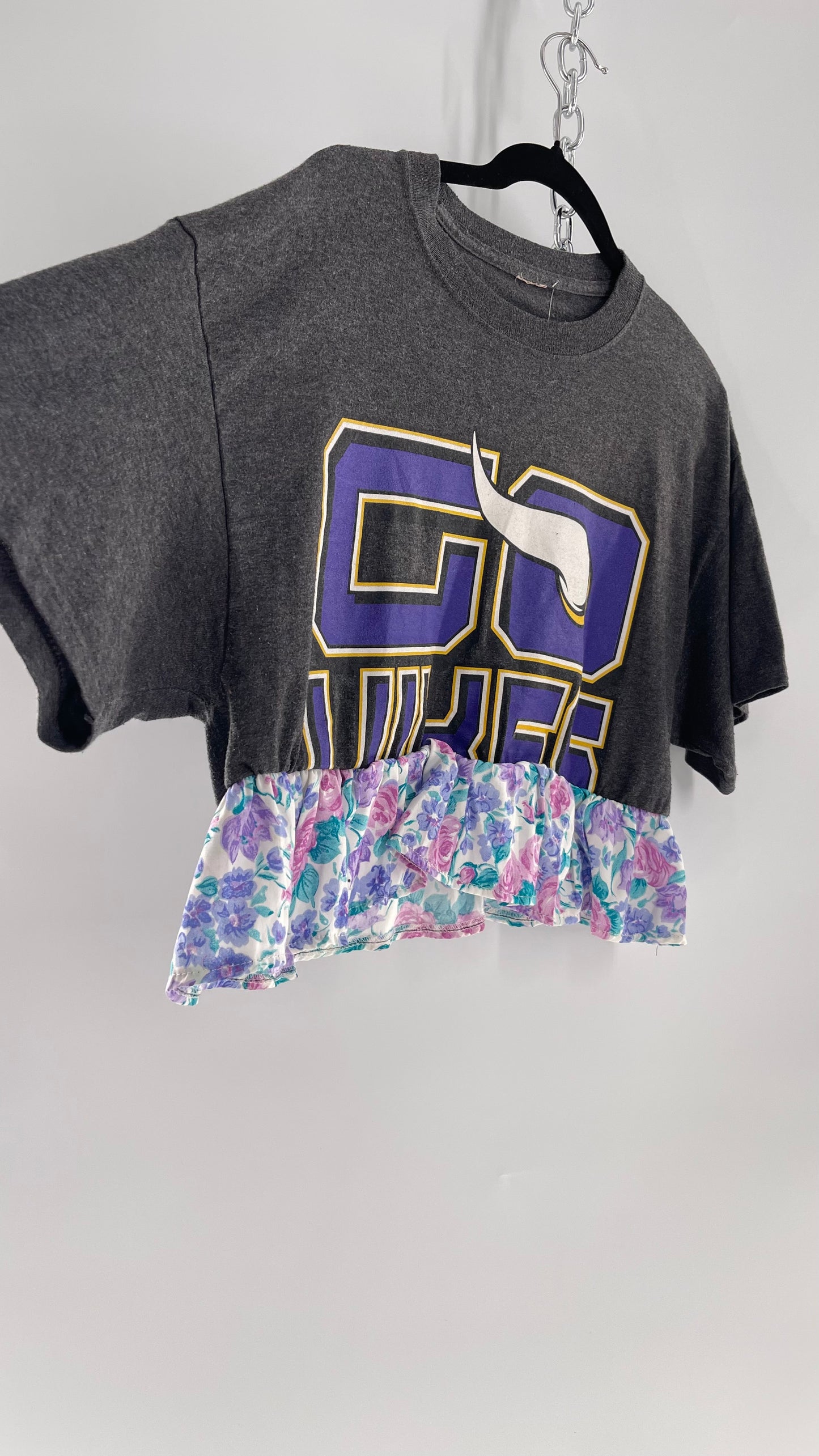 Urban Outfitters Reworked Go Vikings Sports T with Floral 80s Ruffle (M)