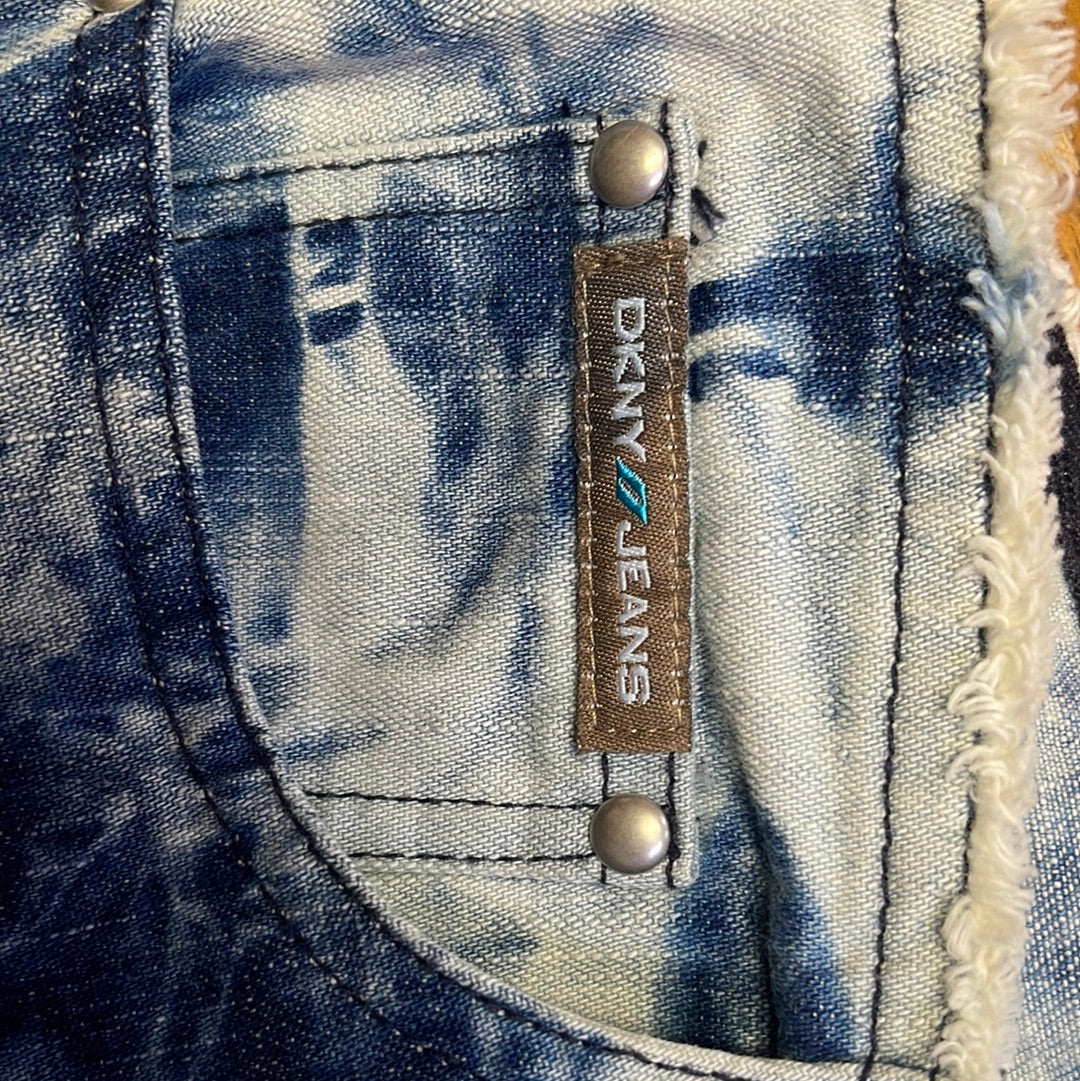 Vintage 1990s DKNY Light Bleached Jeans with Tie Dye Denim Pattern, Raw Edge Low Rise, and Studded Sides (5)
