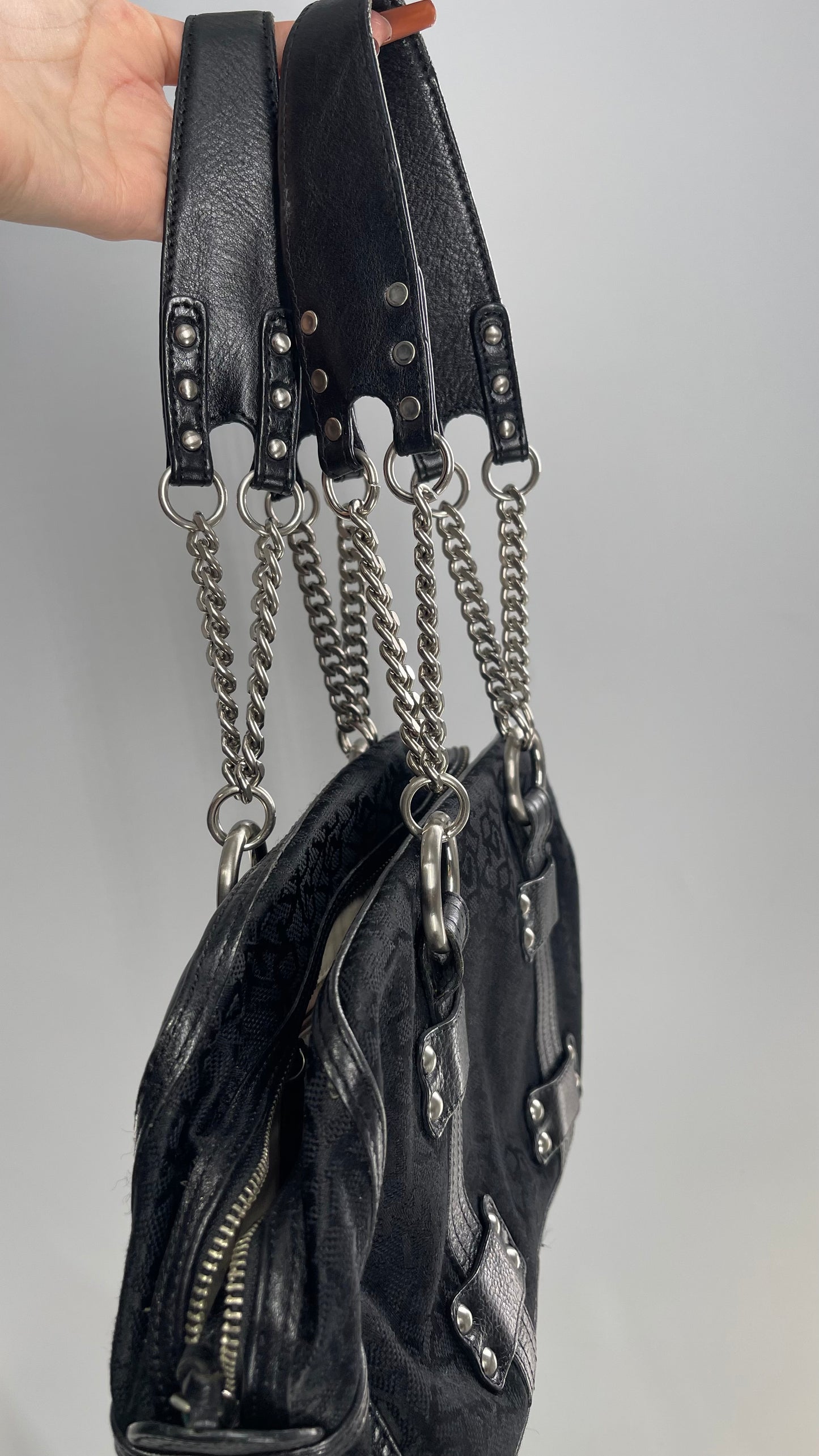 Vintage DKNY 1990s Black All Over Logo Bag with Leather and Chain Details