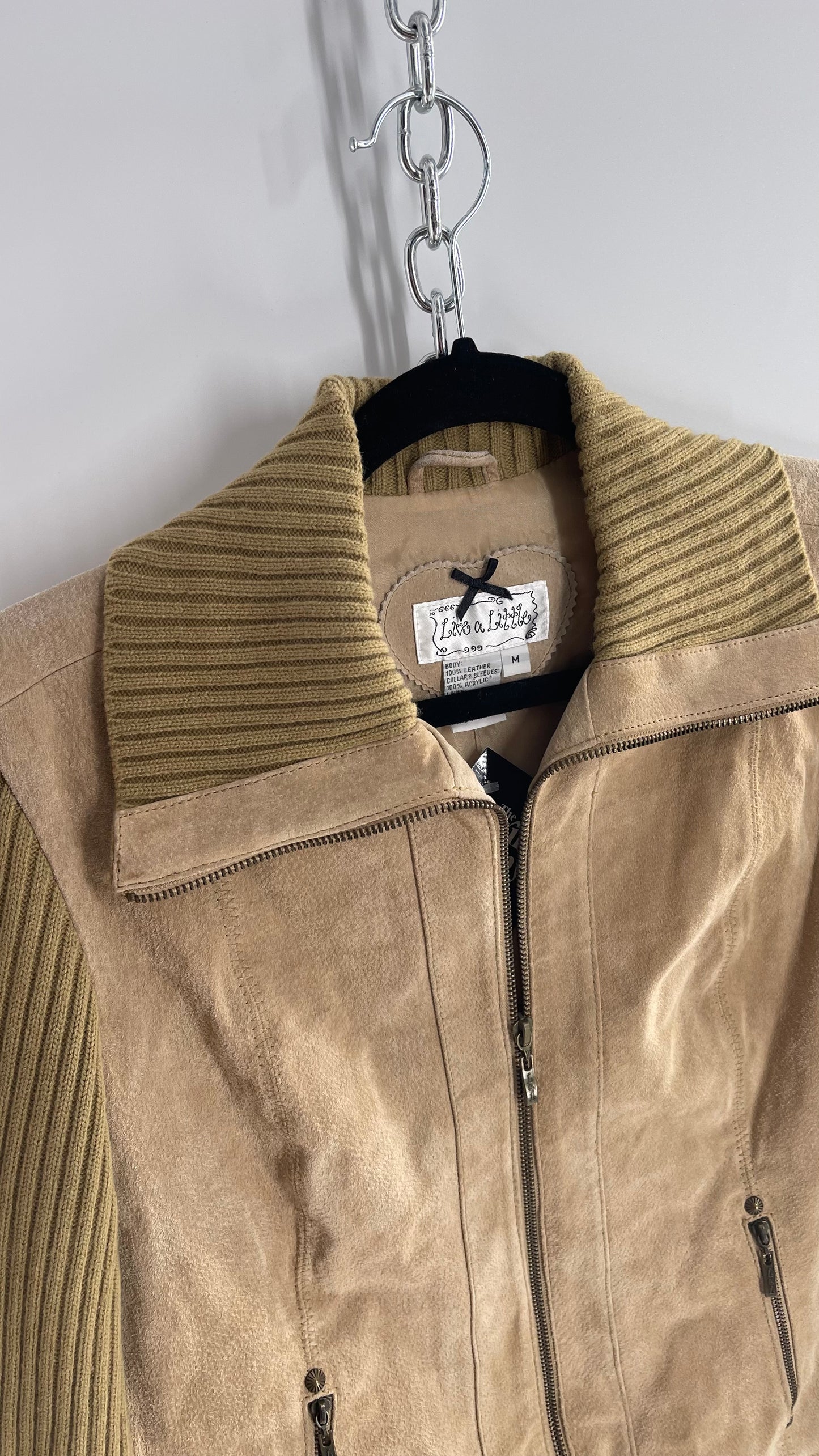 Live a Little Beige/Tan Suede Jacket with Ribbed Knit Sleeves and Collar (Medium)