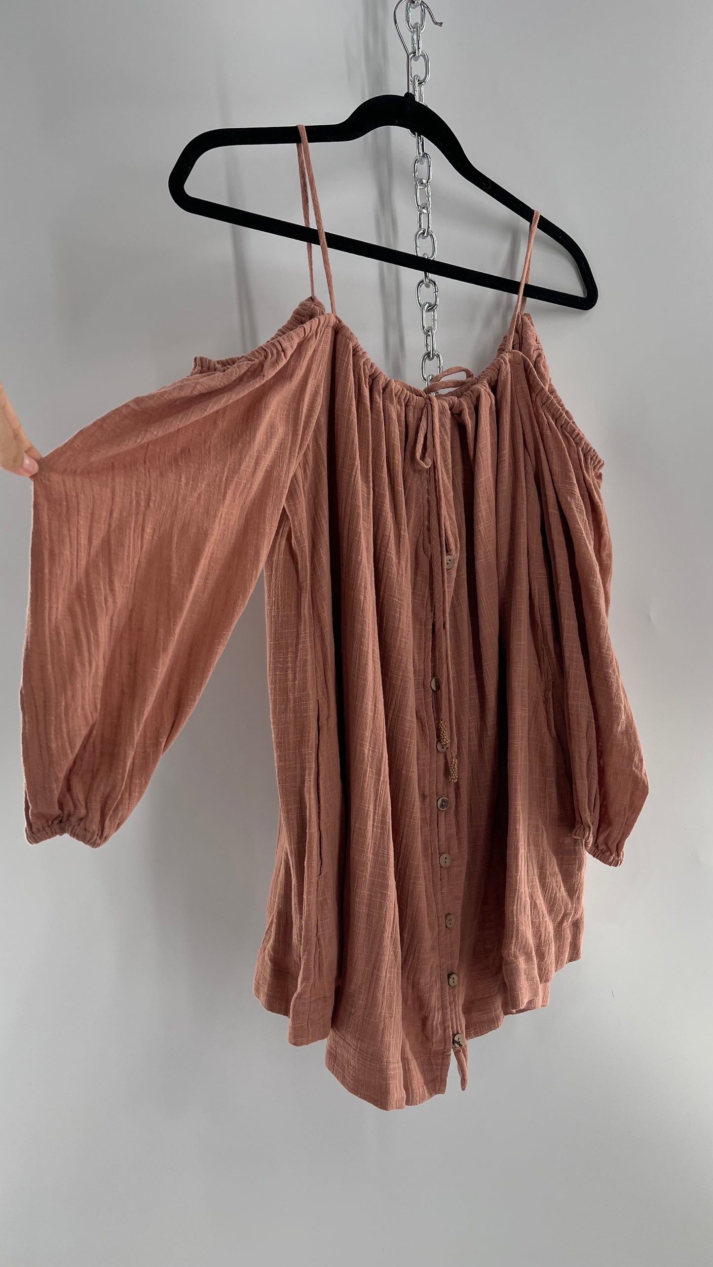 Free People Peachy Pink Coral Off the Shoulder 100% Cotton Voluminous Button Front Blouse (Small)