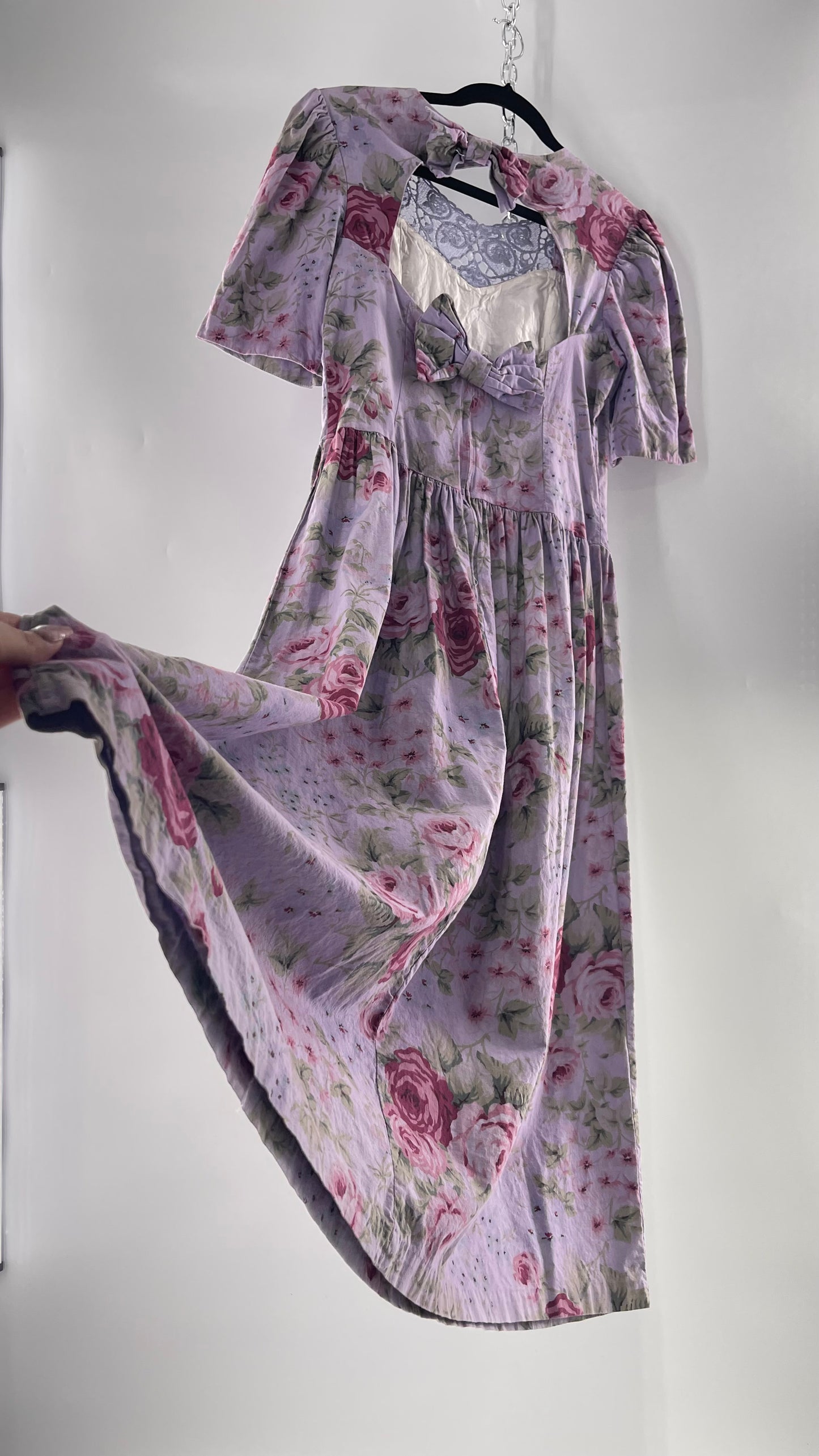 Vintage Urban Renewal Reworked and Upcycled Misty Lane Lilac/Lavender Floral Fit/Flare Dress with Sweetheart Neckline, Lace Detail and Bow Adorned Open Back (11/12)