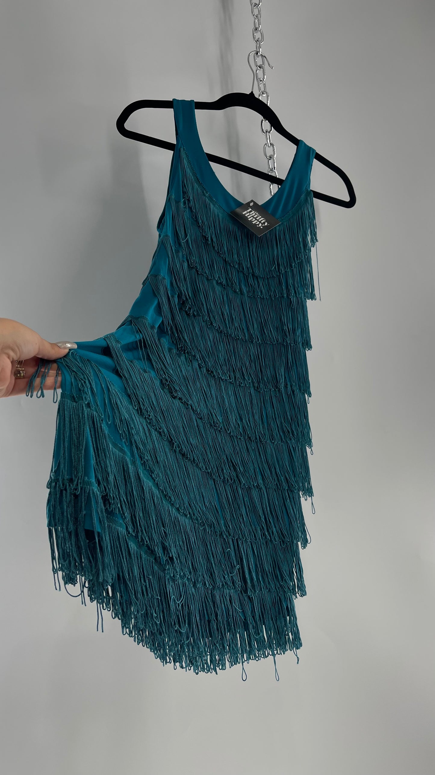 Vintage Teal Fringe Cowgirl Party Tunic Mini Dress (Small)