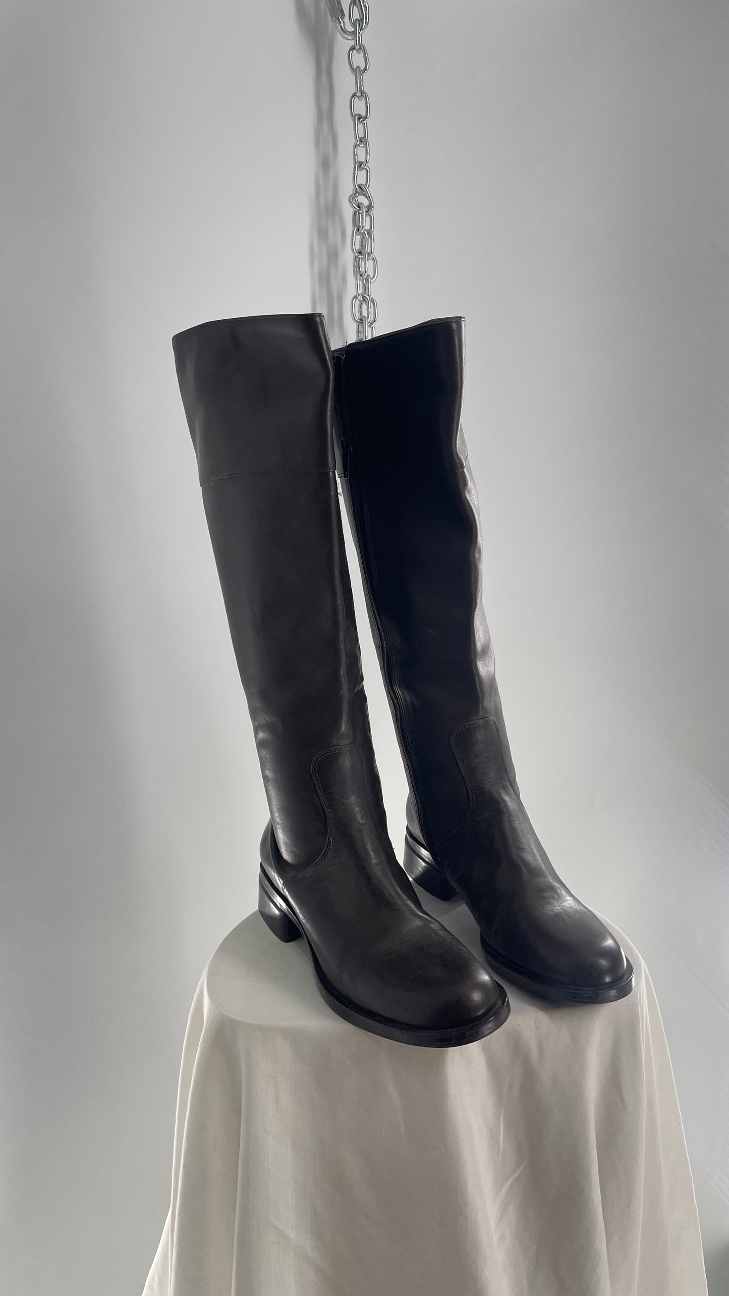 Andre Assous Vintage Knee High Dark Brown Leather Square Toe Boot (7)
