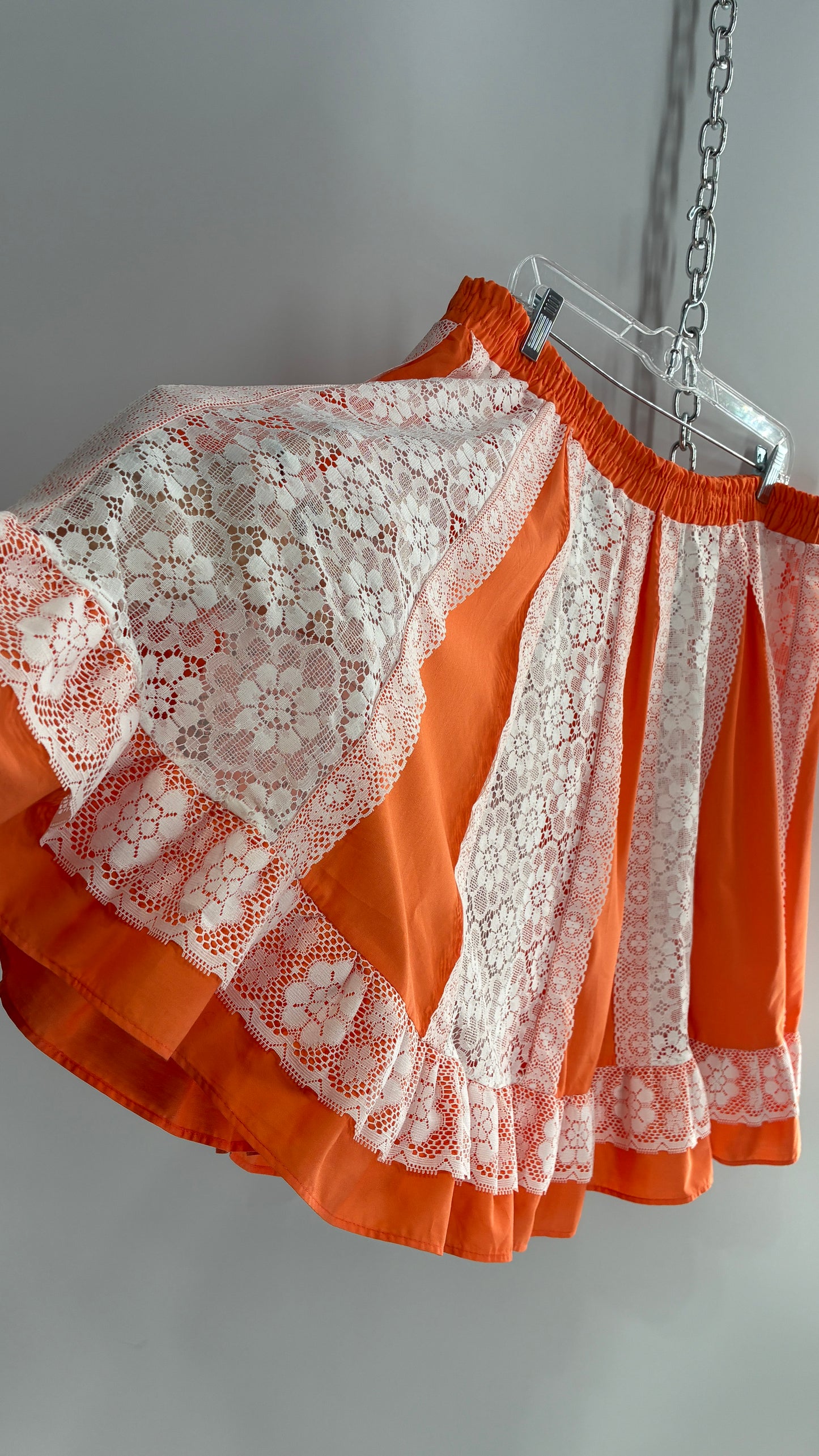 Vintage 1970s Handmade Sheer Lace Paneled Orange Mini Skirt (XL)