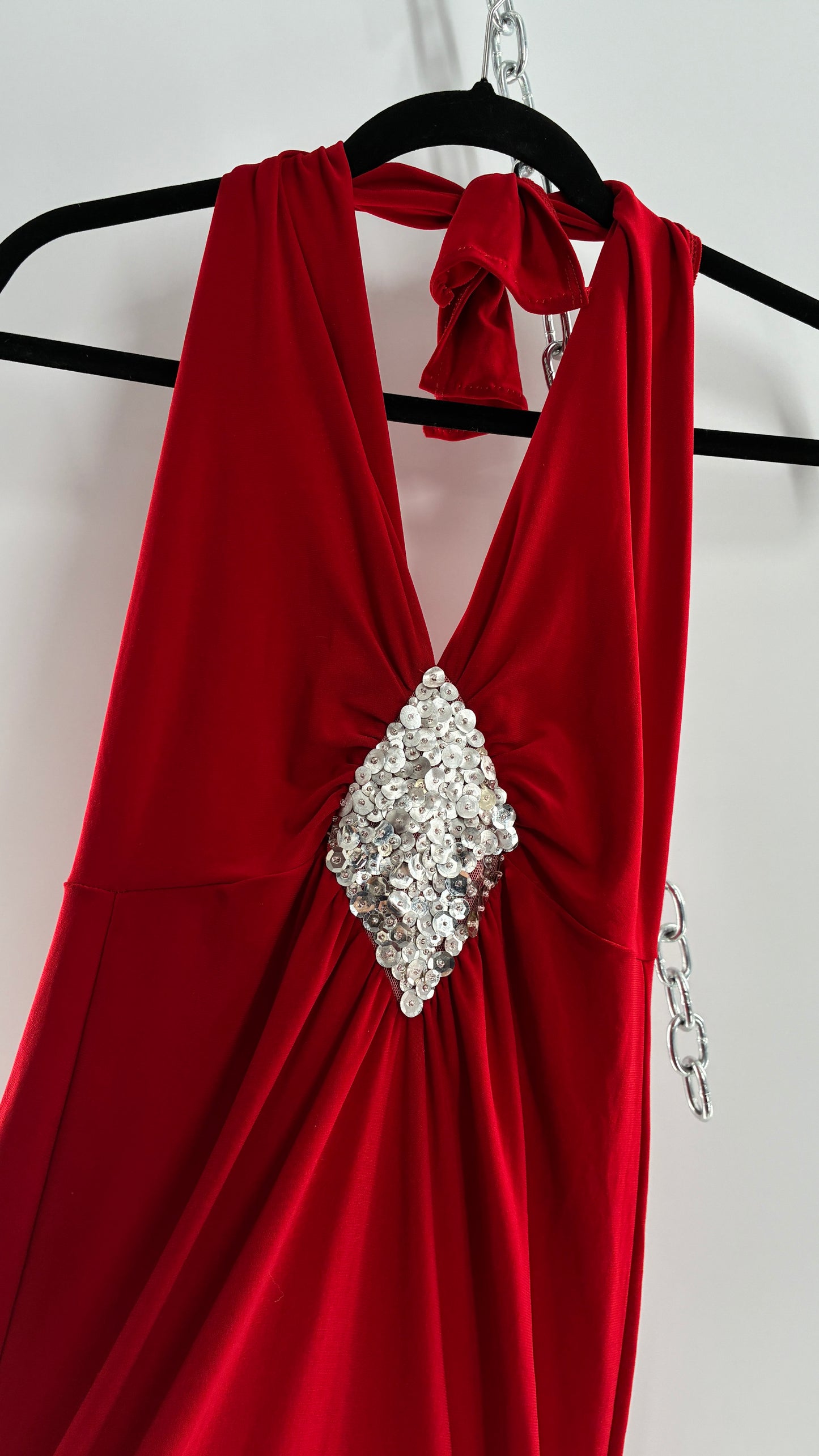 Vintage SYMPHONY Lycra Red Halter Full Length Dress with Sequin Bust Detail (Small)