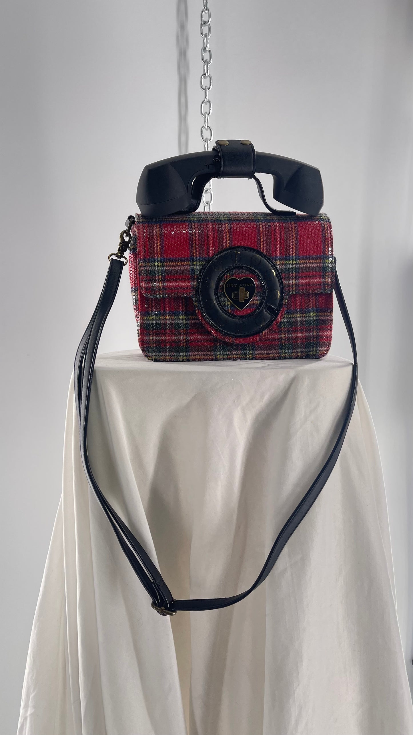 Rare Deadstock Vintage Betsy Johnson Red Plaid Telephone Sequin Bag with Wiring to connect to Phone