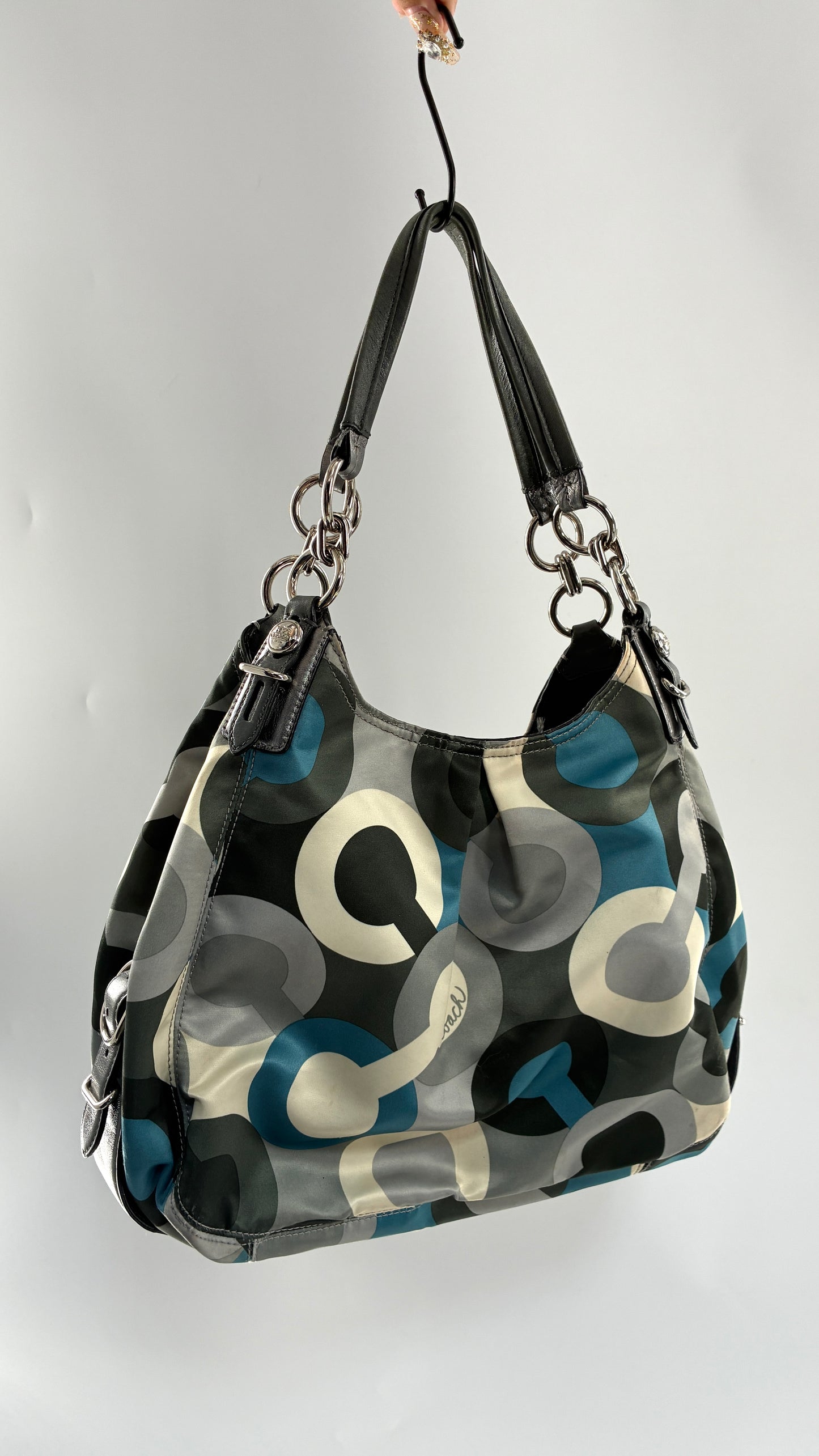 Vintage Maggie COACH Graphic Monogram Grey, Blue, Silver Shoulder Bag