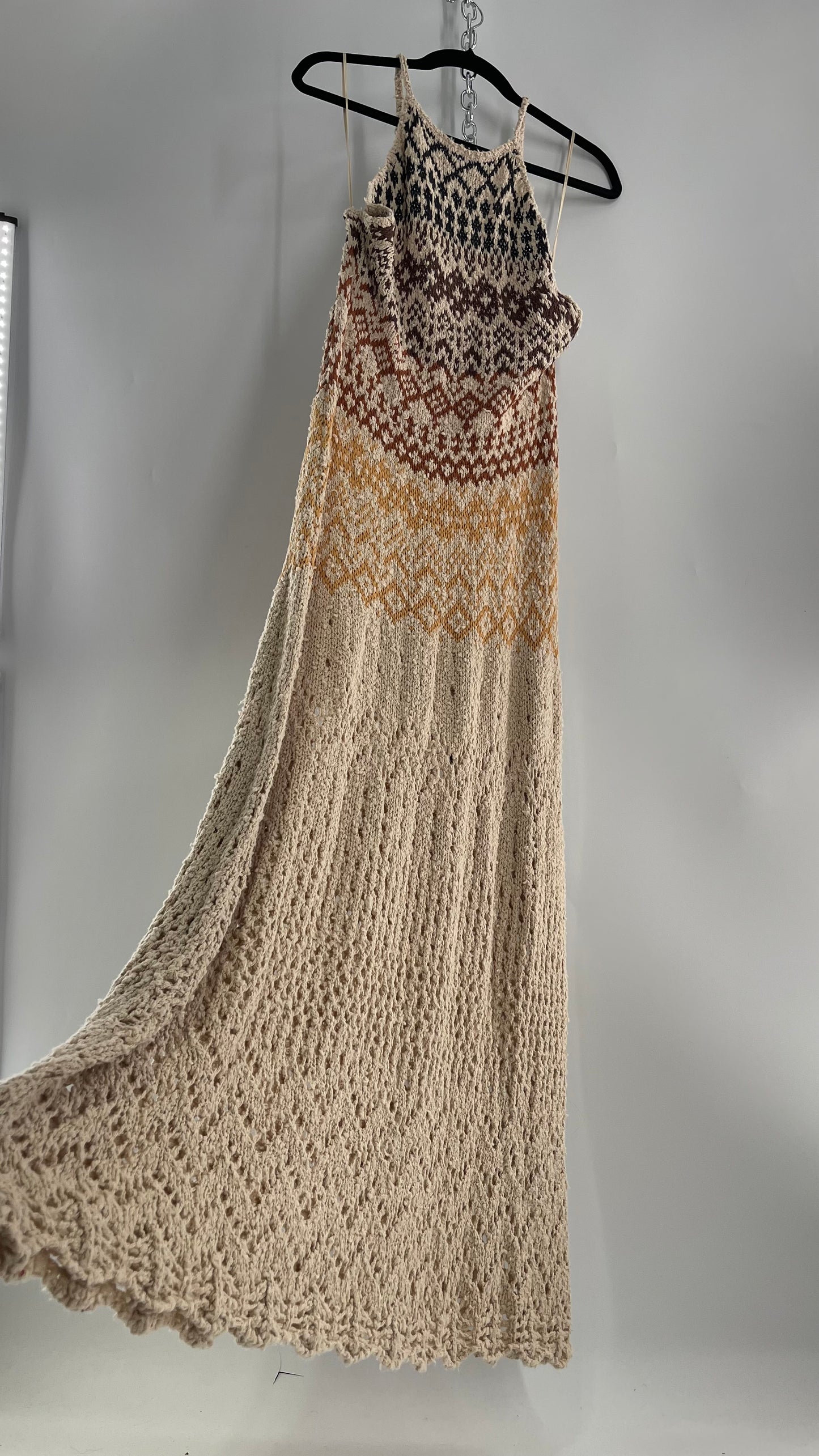 Free People Beige Ikat Oasis Knit Halter Maxi Dress (Small)