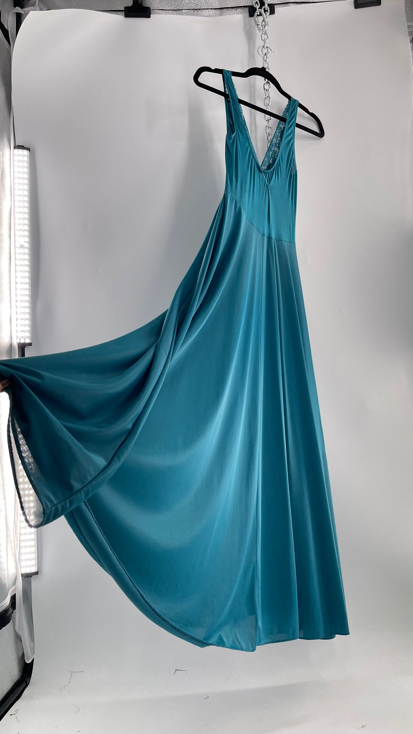 Vintage Olga Intimates Floor Length Voluminous Blue Jewel Toned Maxi Dress/Night Gown with Lace Bust (Small)
