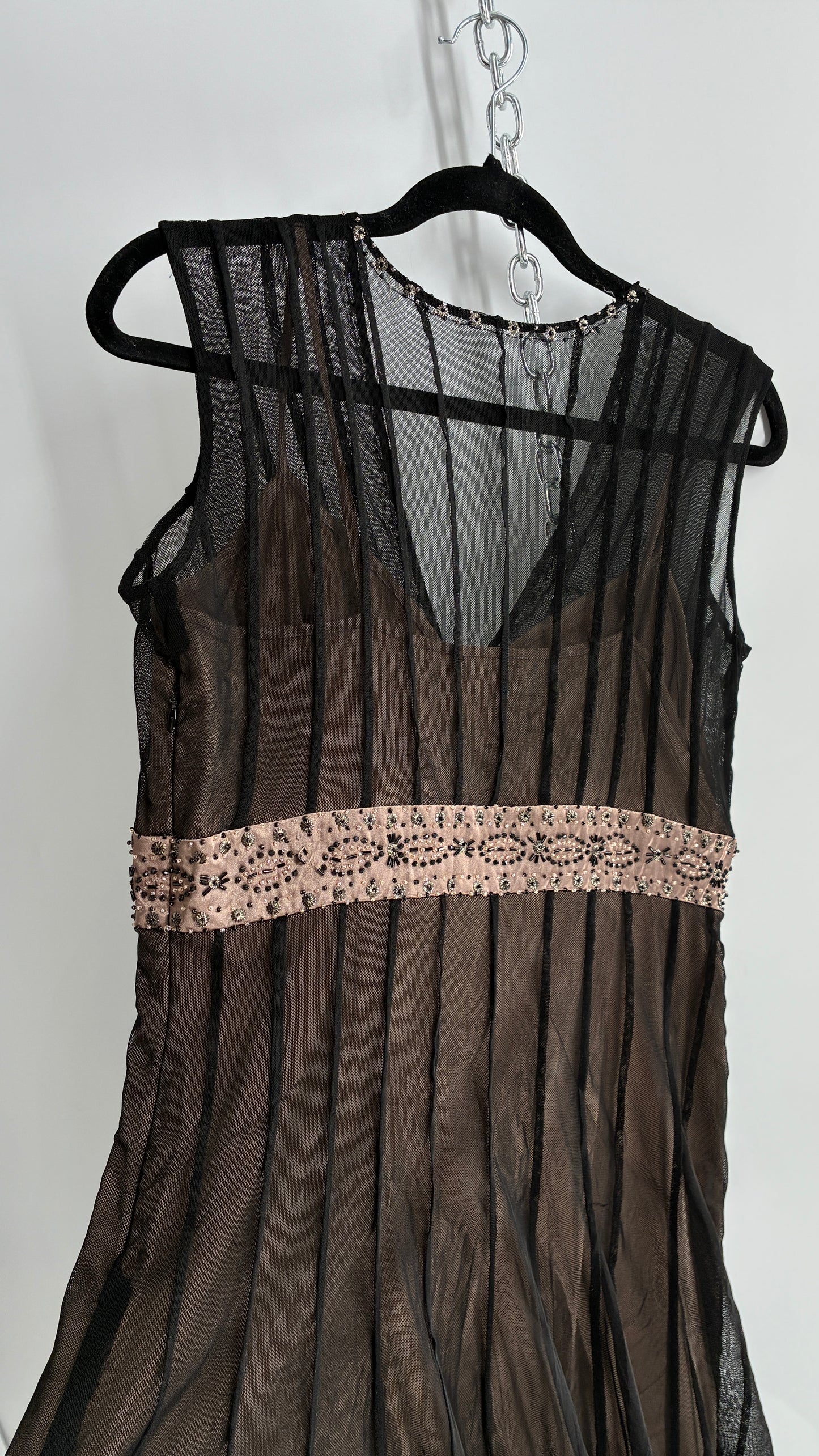 ECI NEW YORK Nude Camisole Dress with Black Mesh Overlay and Beaded Details (8)
