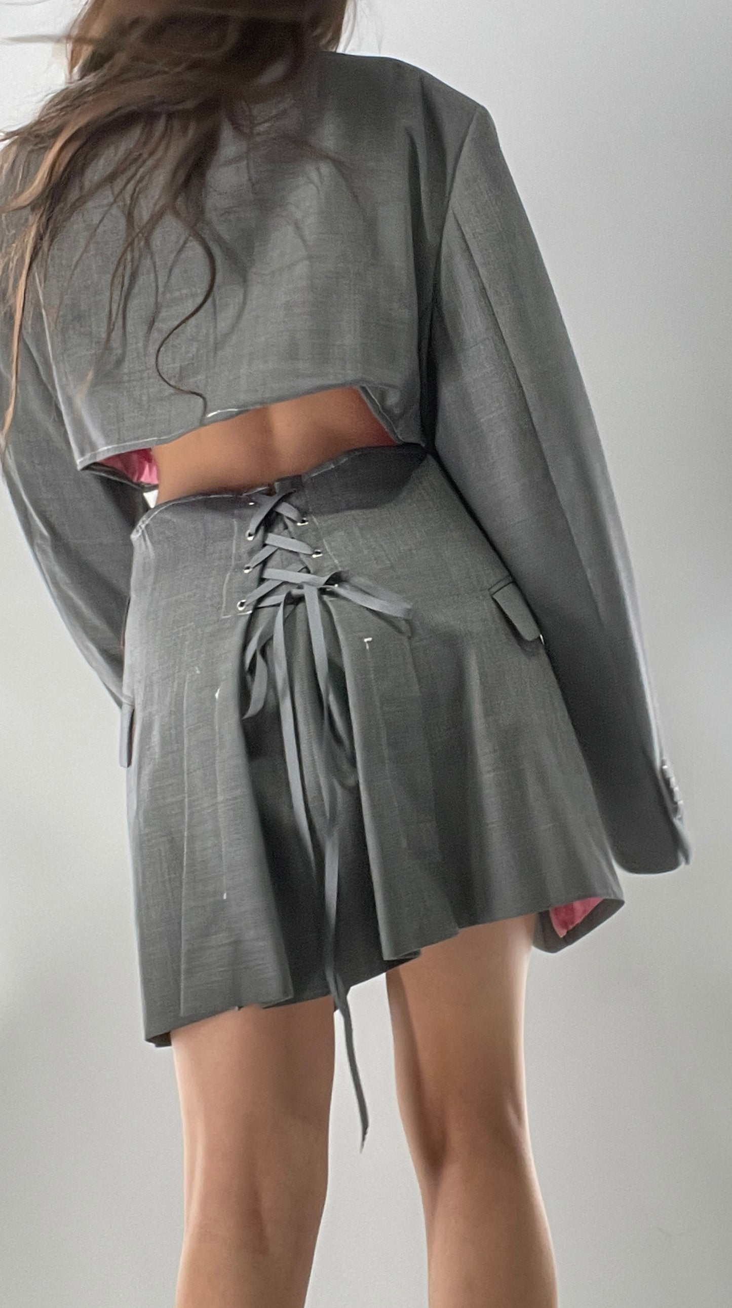 Custom Handmade Gray 2Piece Suit Set with Pink Satin Lining, Cropped Blazer, and Corseted Skirt (S-L)