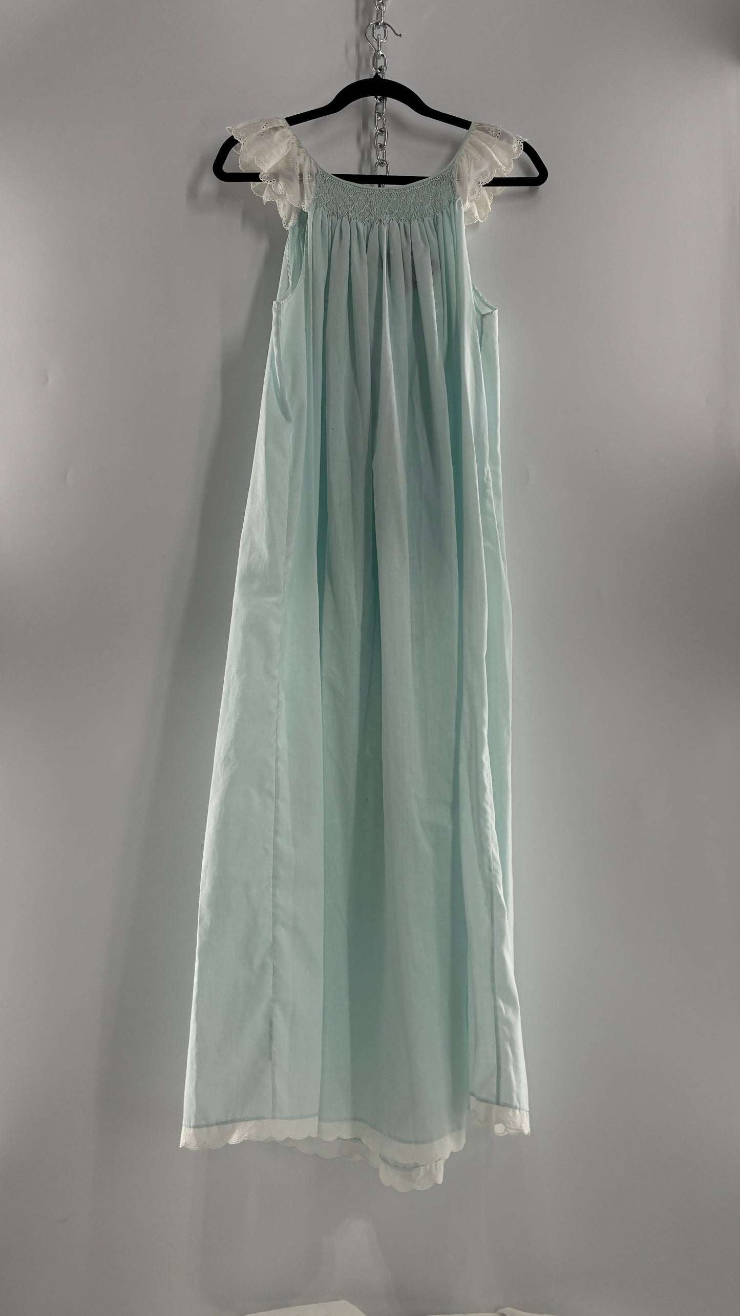 Vintage Baby Blue Nightgown Maxi with White Scalloped Lace Straps and Hem (Medium)
