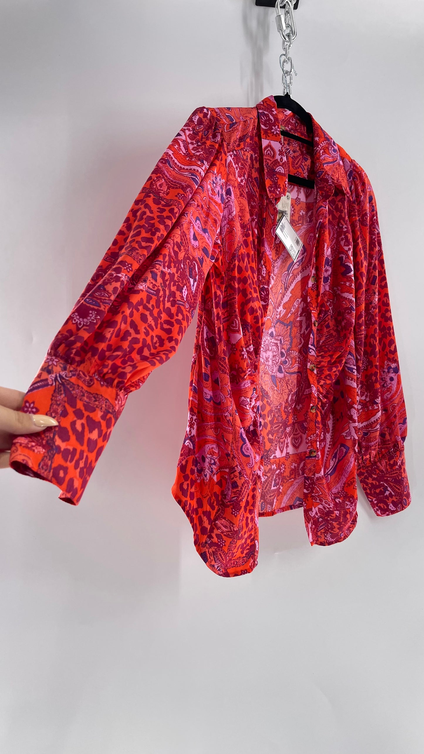 Free People Red, Neon Orange Leopard Paisley Patterned Button Front(Medium)