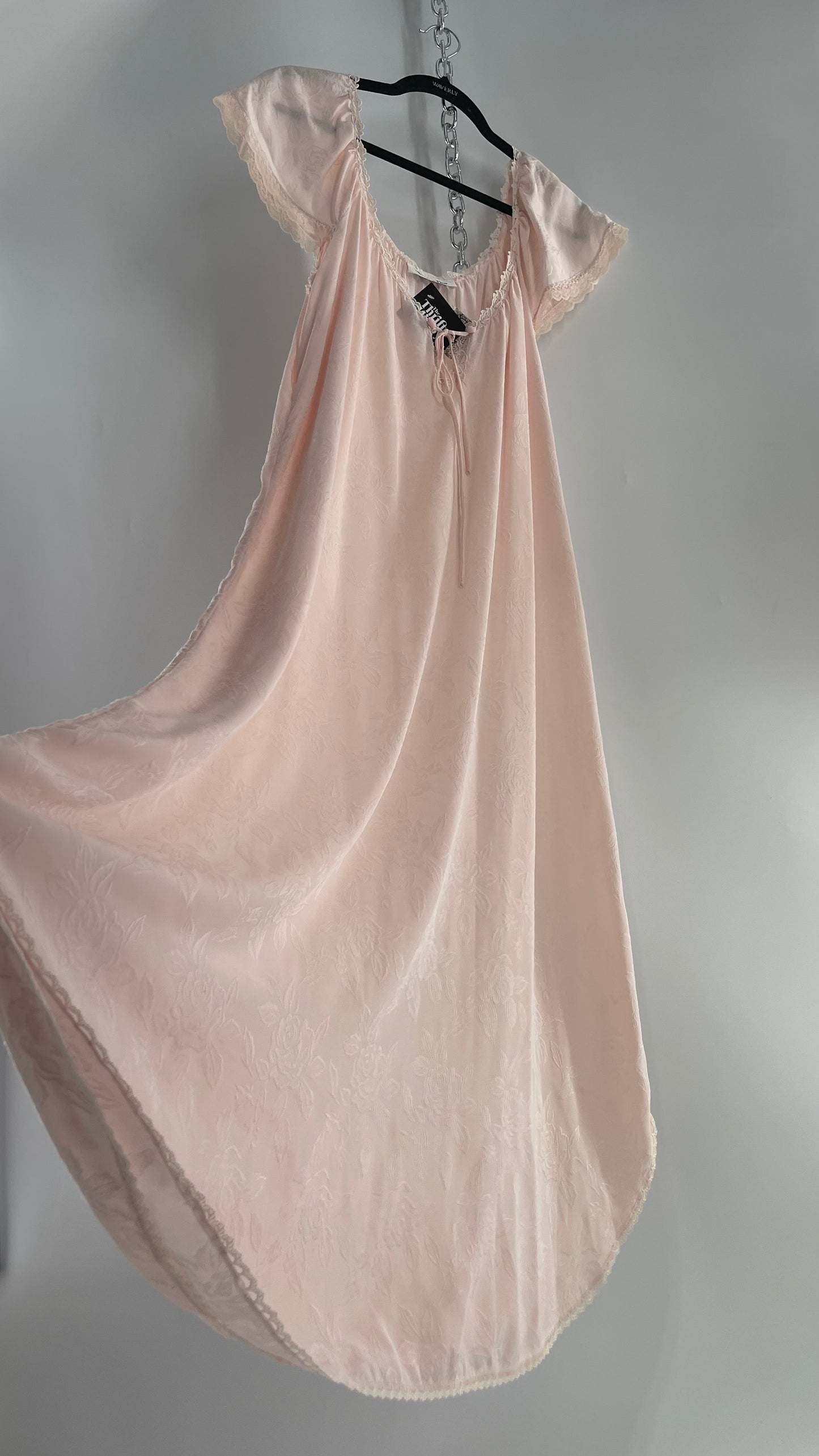 Vintage Christian Dior Pink Night Gown/ Maxi Dress with Floral Embossed Design, Lace Trim and Rosettes (Large)