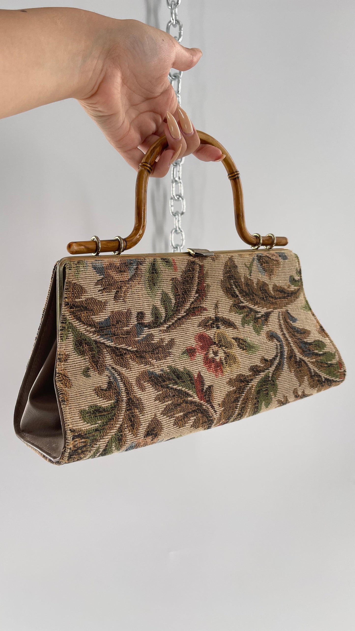 Vintage Tapestry Bag with Bronze Metal Clasp and Bamboo Handle
