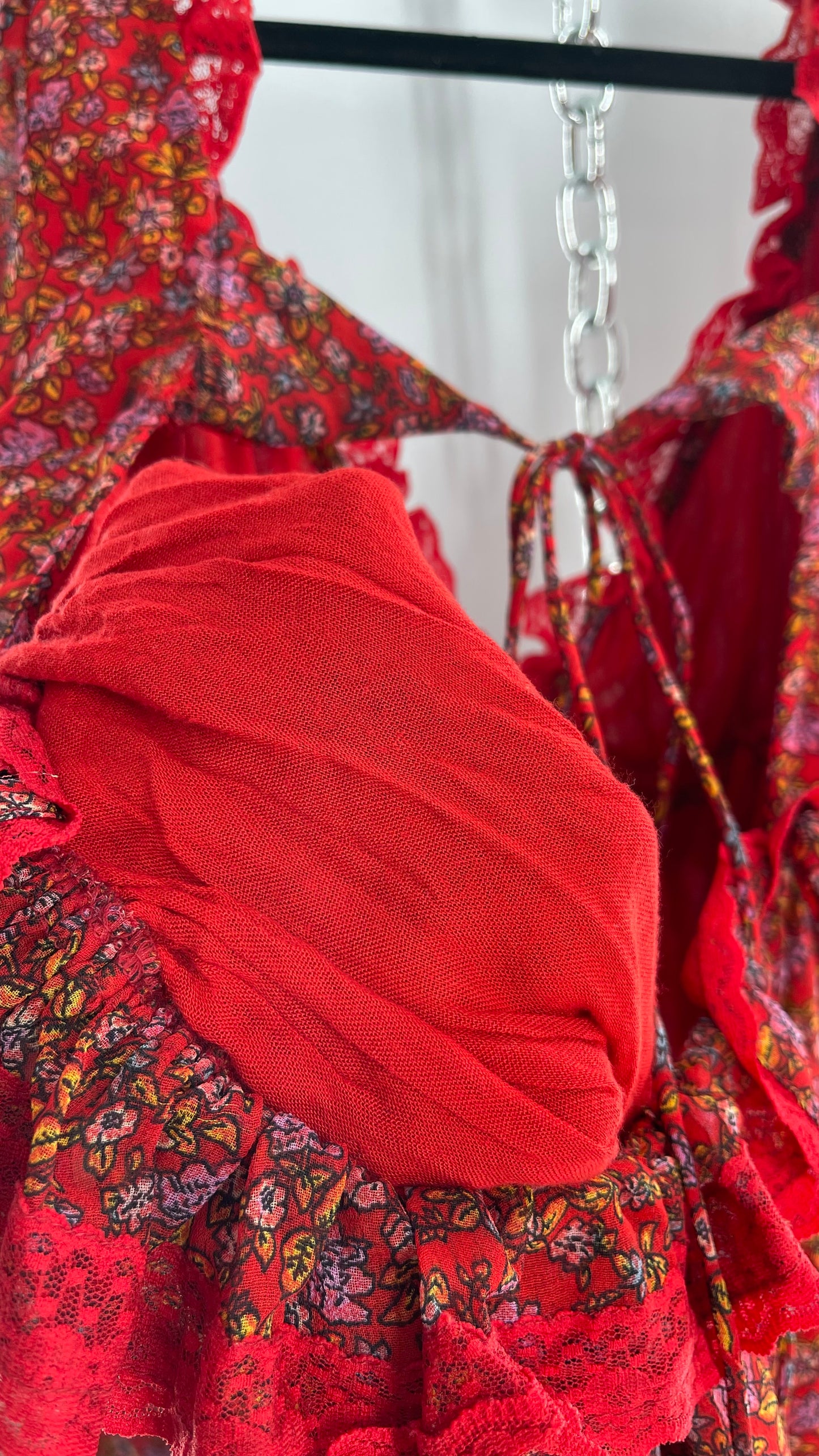 Free People Red Floral Mini Dress with Lace Trim, Open Back and Balloon Sleeves (Small)