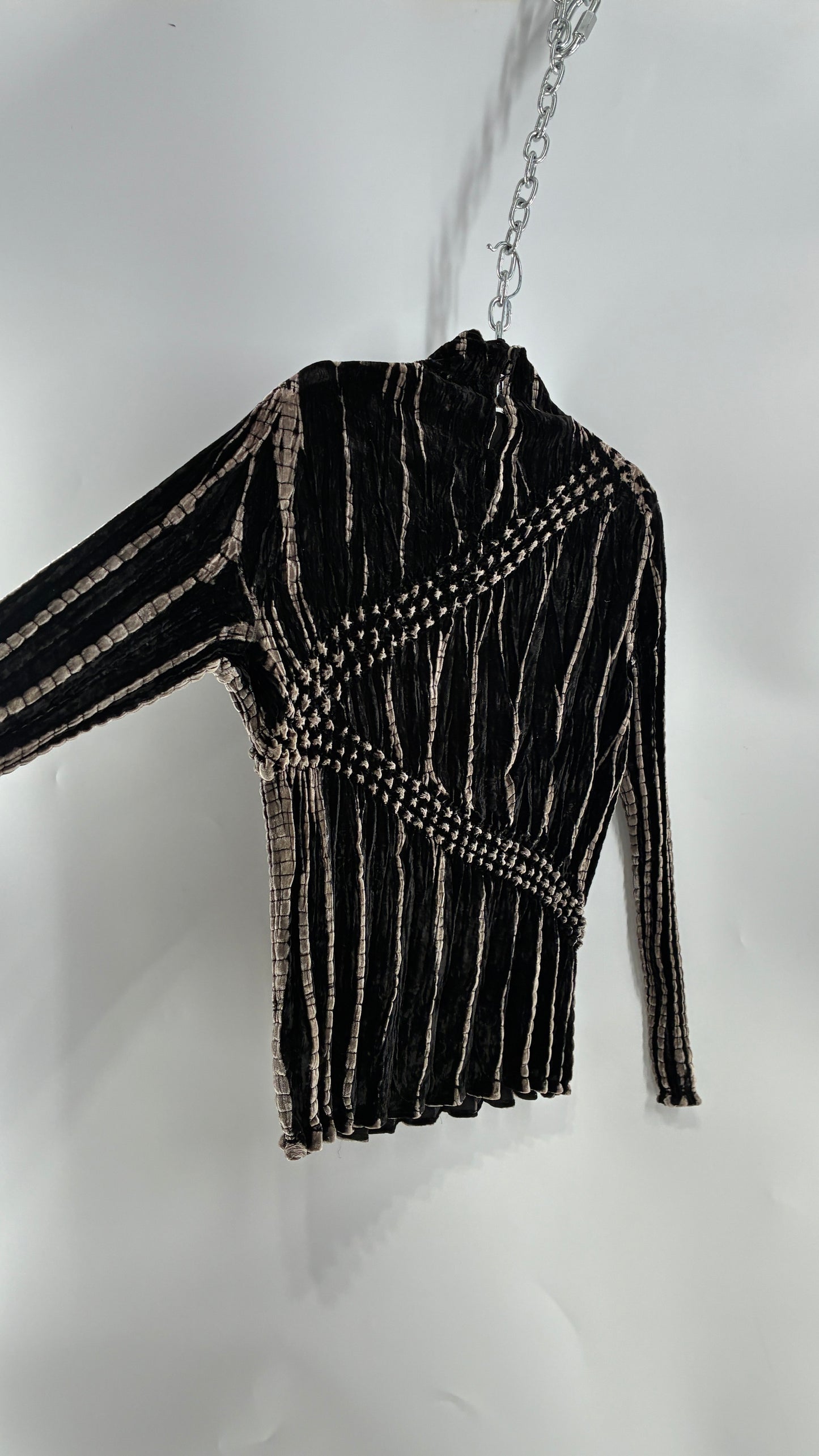 Vintage 1990s Crushed Velvet Black and Beige High Neck Blouse (Small)