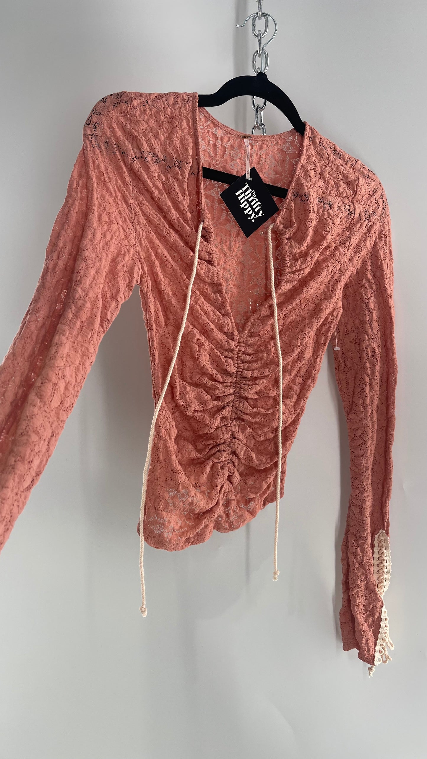 Free People Pink Lace Long Sleeve with Beige Lace Up Sleeve Detail (XS)