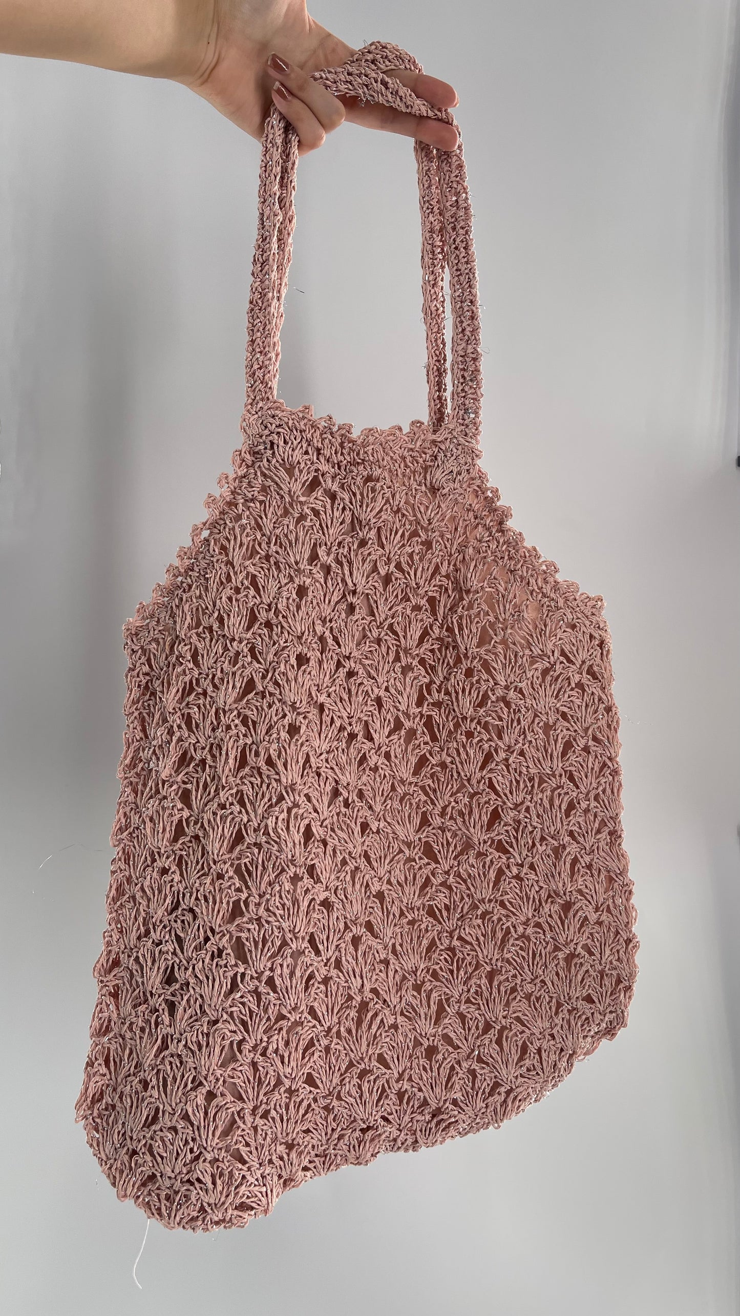 Urban Outfitters Baby Pink Straw Tote Bag with Silver Tinsel