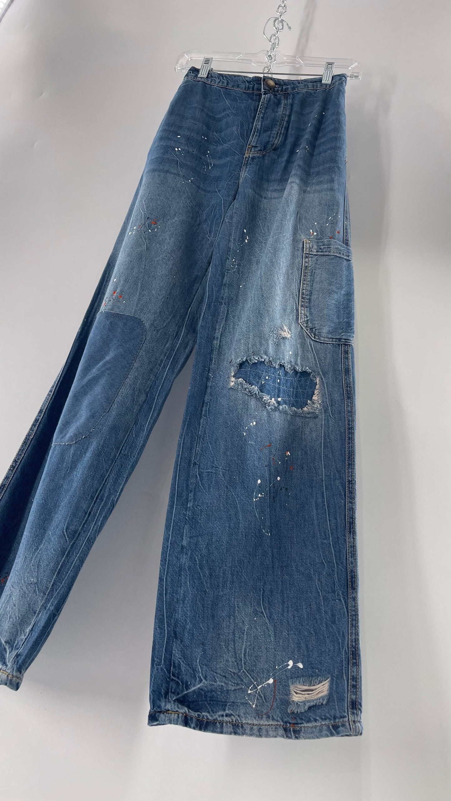 Free People Paint Splash Cargo/Carpenter Starving Artist Slouchy Medium Wash Jeans (24)