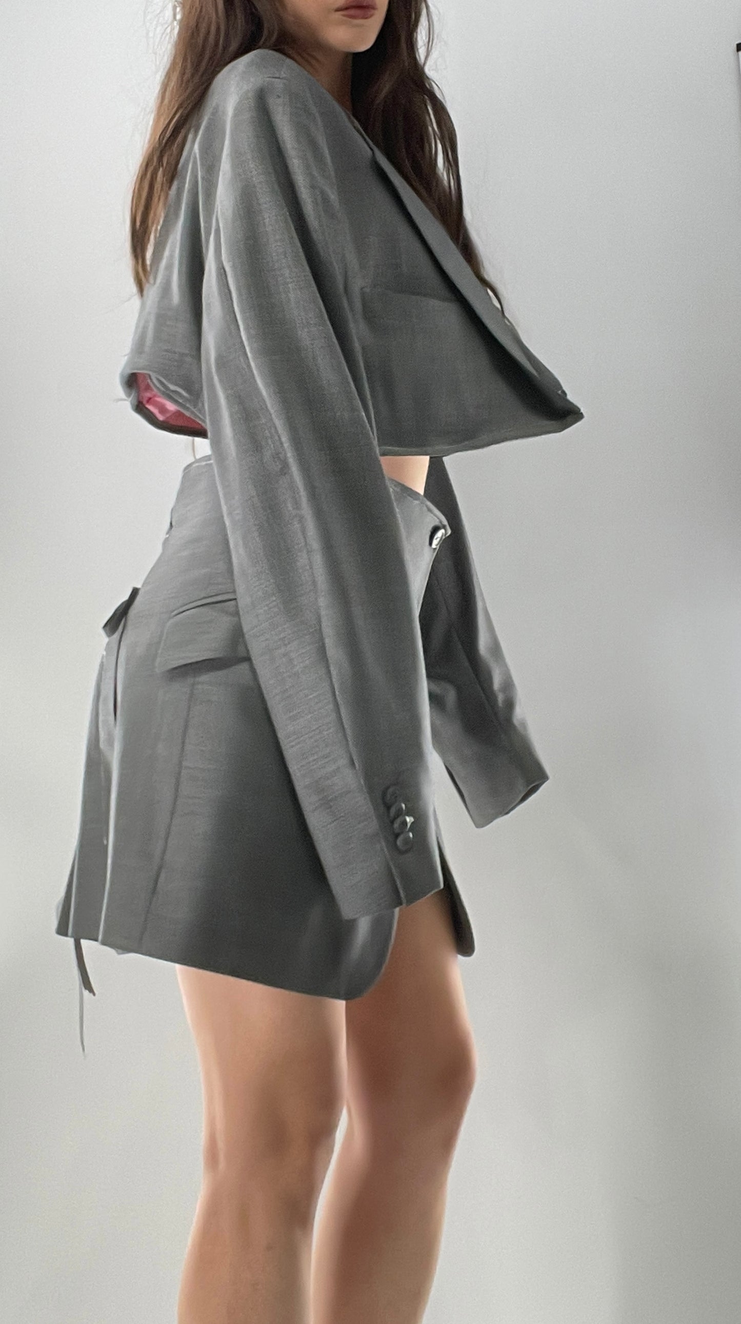 Custom Handmade Gray 2Piece Suit Set with Pink Satin Lining, Cropped Blazer, and Corseted Skirt (S-L)