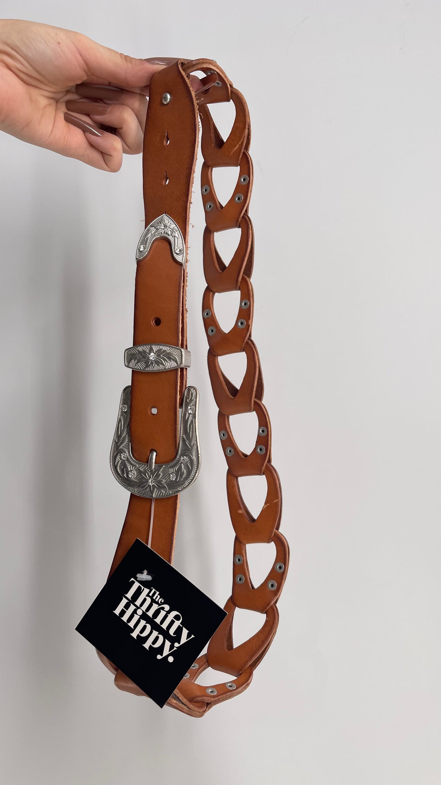 Free People Leather Link Belt with Western Buckle and Silver Studs (S/M)