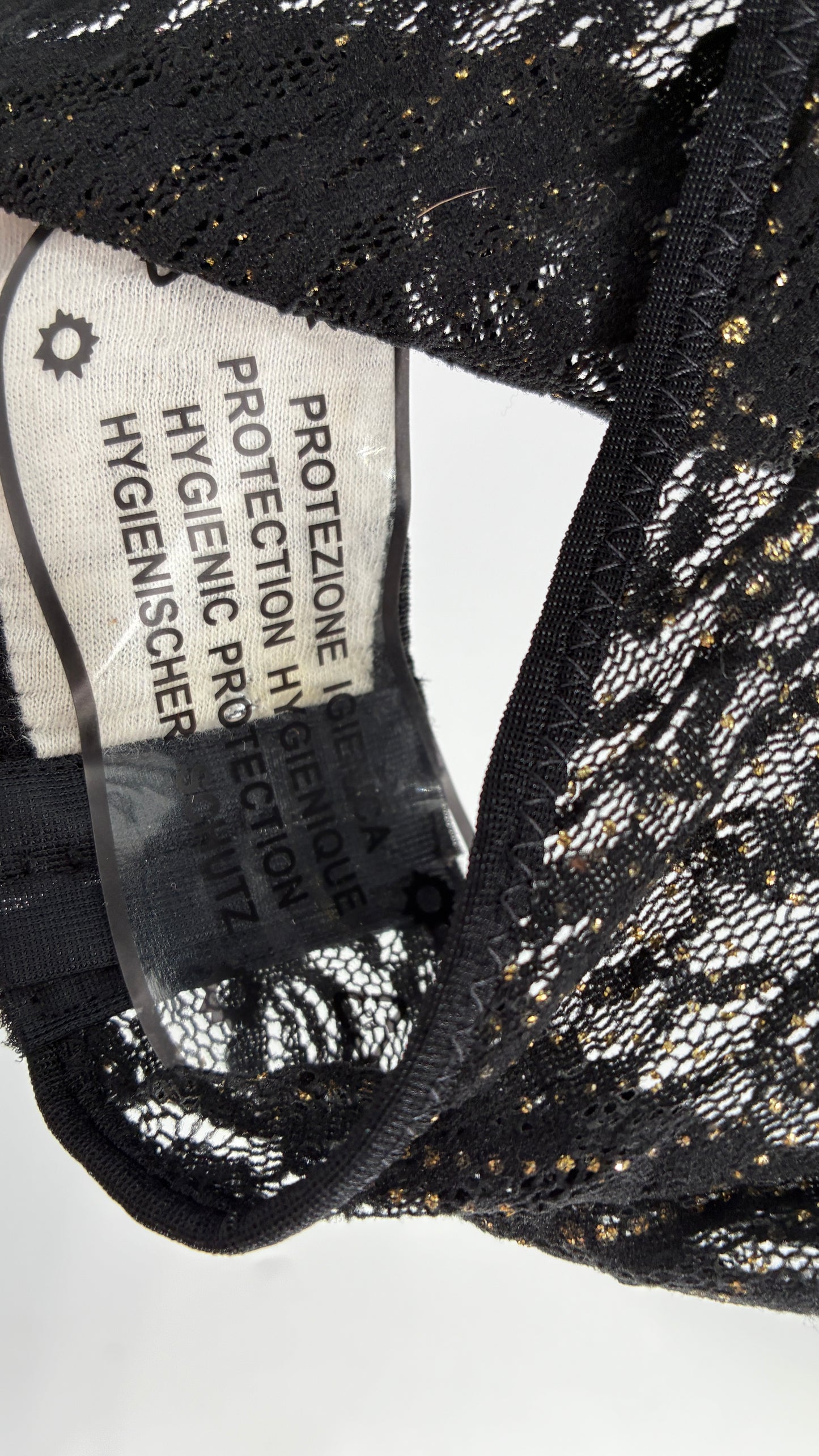 Vintage 1990s Sheer Black Bodysuit with Gold Glitter Foliage Pattern (Large)