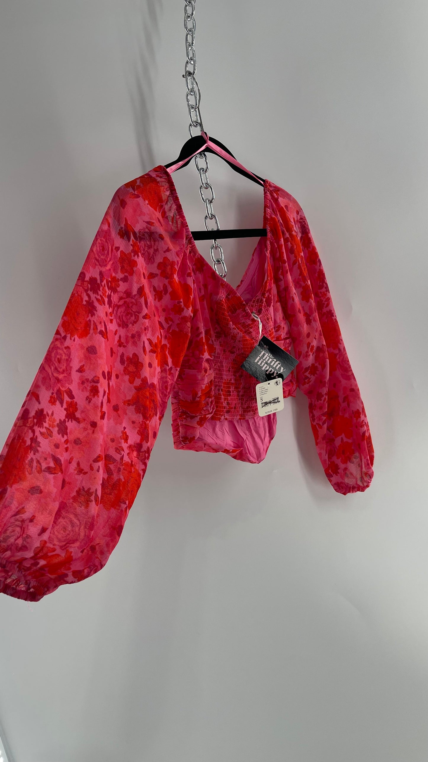 Free People Cropped Floral Blouse with Ruched Body, Balloon Sleeves and Appliqué Rosette Bustline with Tags Attached (Small)