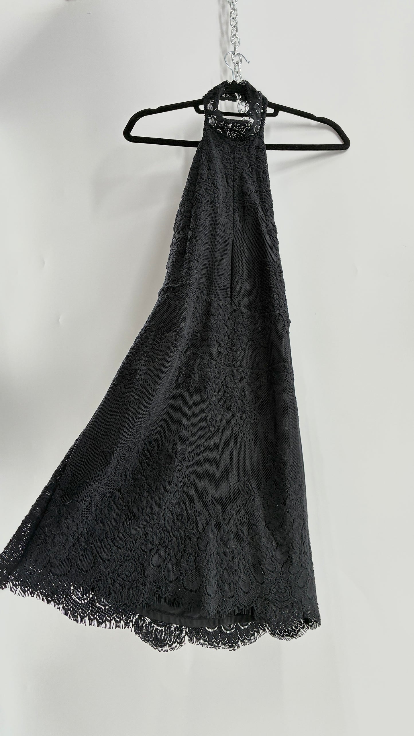 Free People Black Lace Halter Mini Dress with Open Back (Medium)