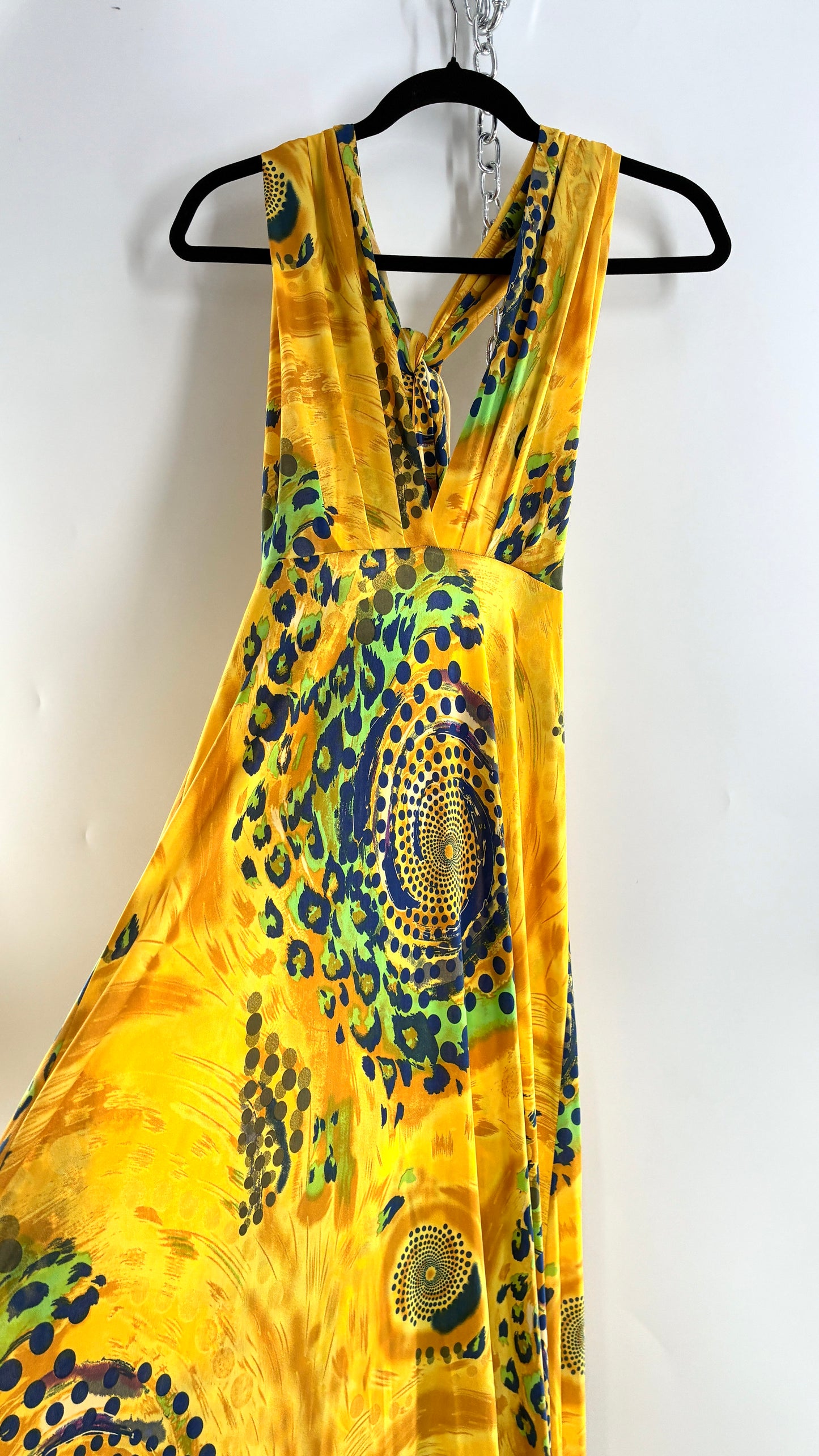 Vintage NARCISA LANG Lycra Full Length, Backless Yellow Dress with Graphic Pattern (XS/S)