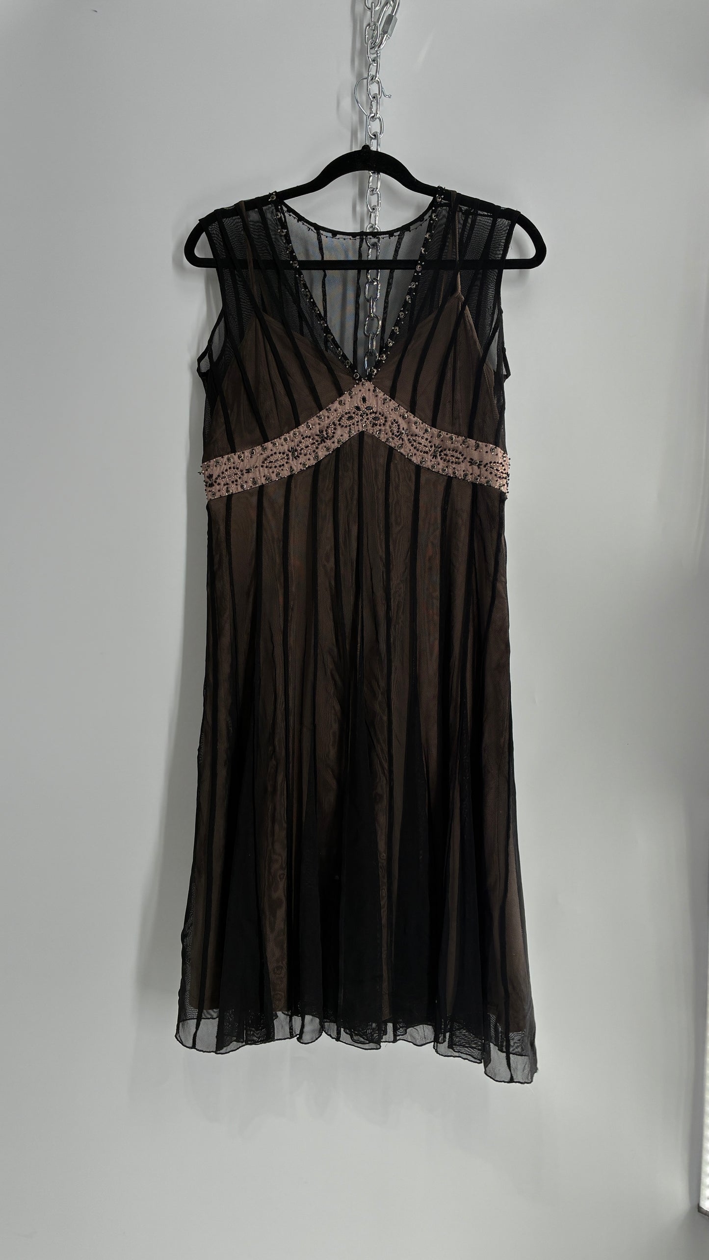 ECI NEW YORK Nude Camisole Dress with Black Mesh Overlay and Beaded Details (8)